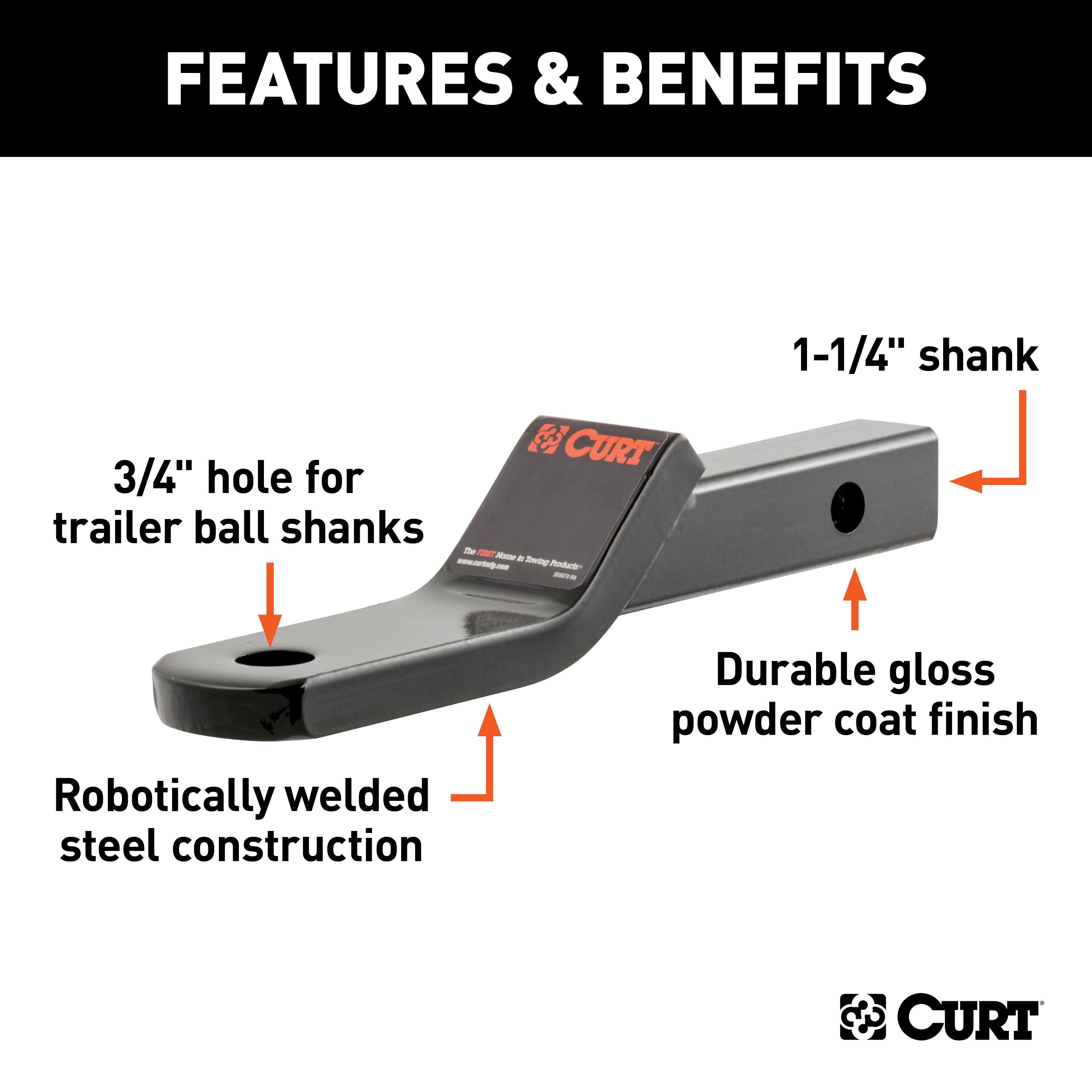 CURT Class 2 Trailer Hitch Ball Mount, Fits 1-1/4-Inch Receiver, 3,500 lbs, 3/4-Inch Hole, 1-Inch Drop, 3/8-Inch Rise Model 45503