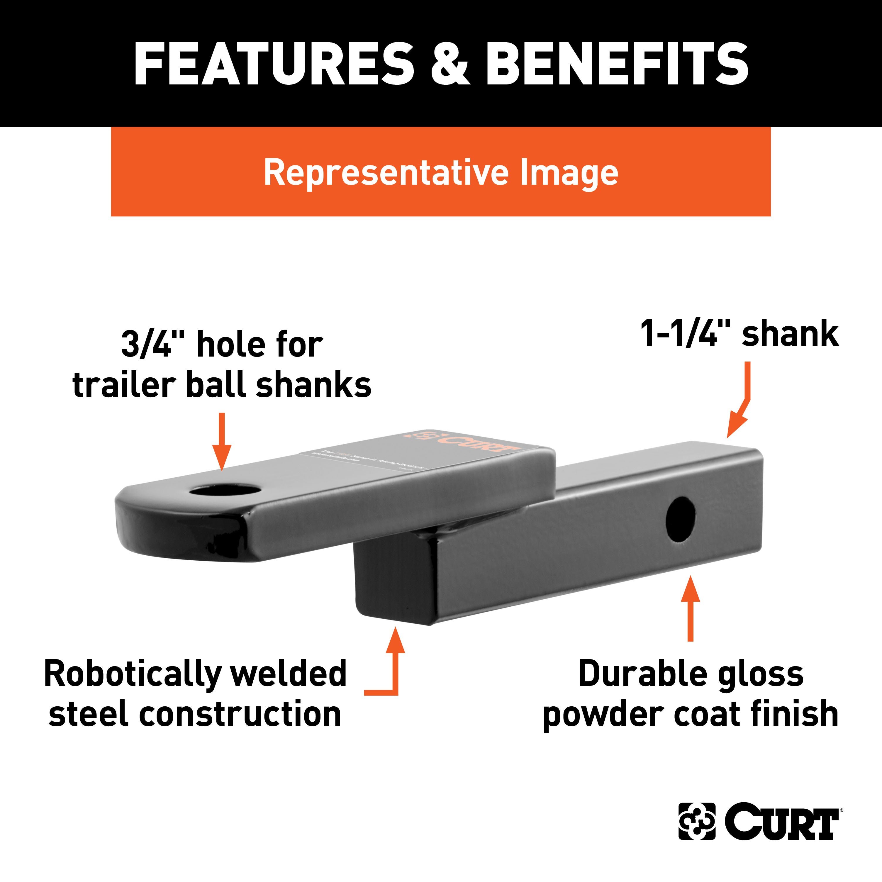 CURT Class 2 Trailer Hitch Ball Mount, Fits 1-1/4-Inch Receiver, 3,500 lbs, 3/4-Inch Hole, 1-1/4-In Drop, 3/4" Rise Model 45518