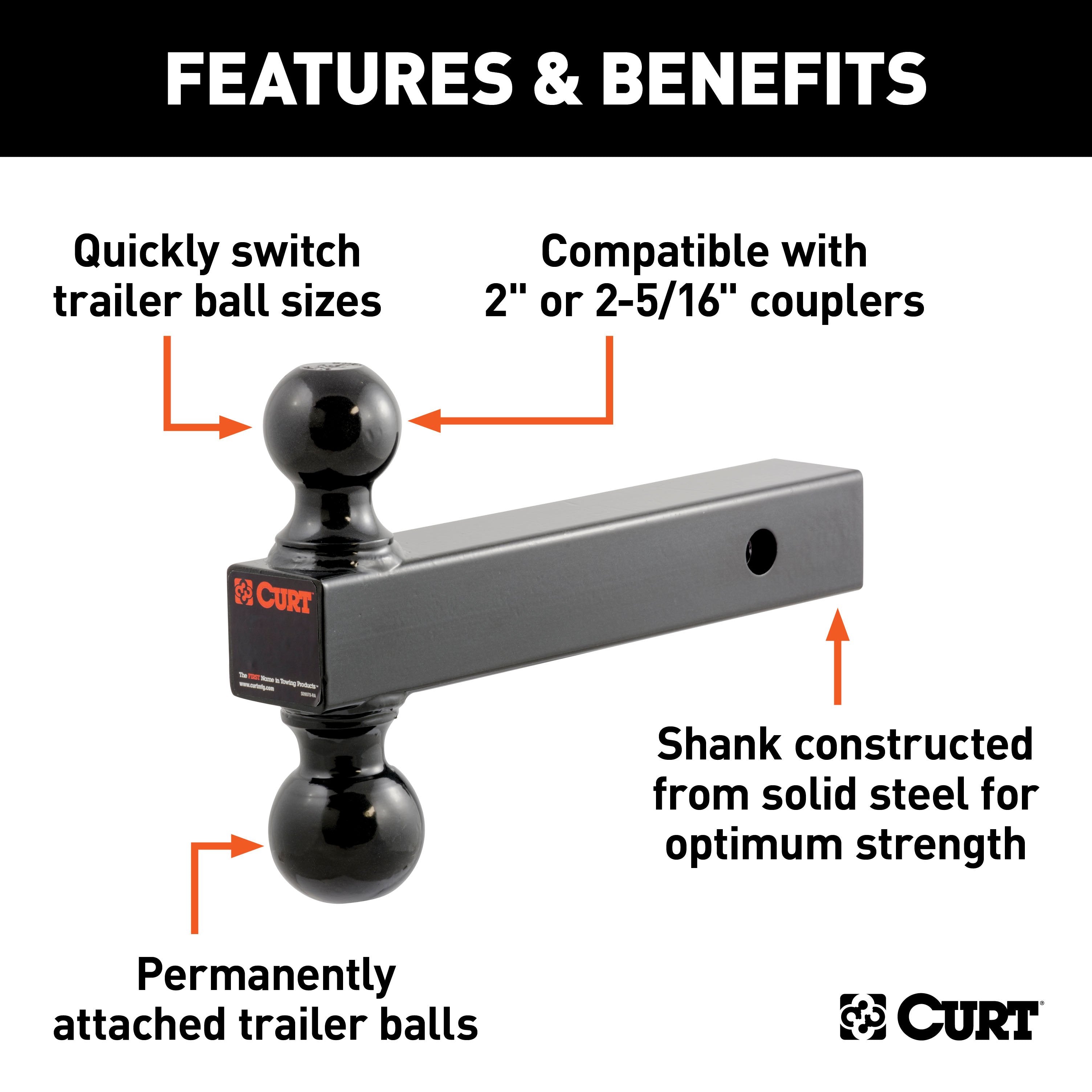 CURT Multi-Ball Trailer Hitch Ball Mount, 2, 2-5/16-Inch Balls, Fits 2-Inch Receiver, 10,000 lbs Model 45660
