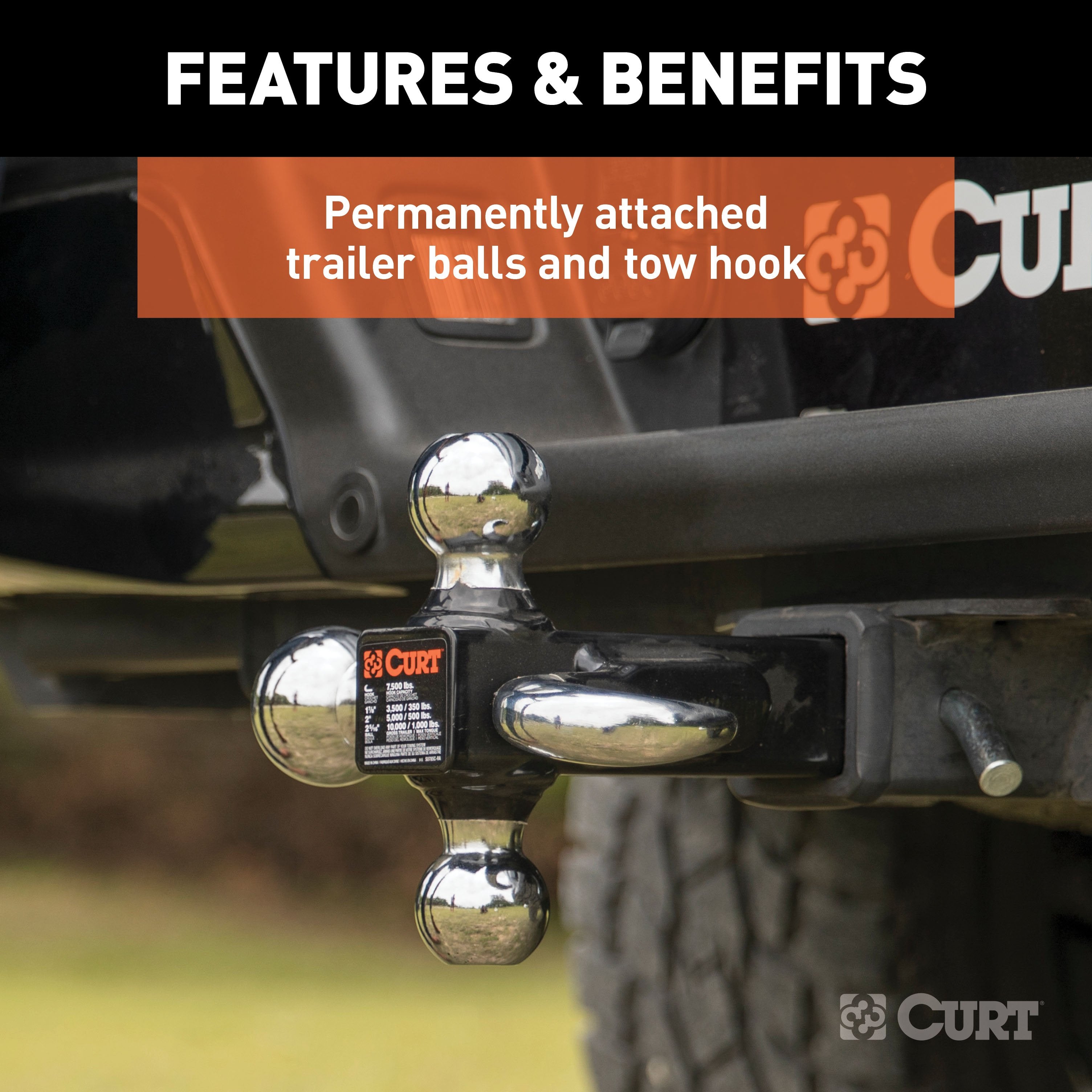 CURT Multi-Ball Trailer Hitch Ball Mount, 1-7/8, 2, 2-5/16-Inch Balls and Tow Hook, Fits 2-Inch Receiver, 10,000 lbs Model 45675
