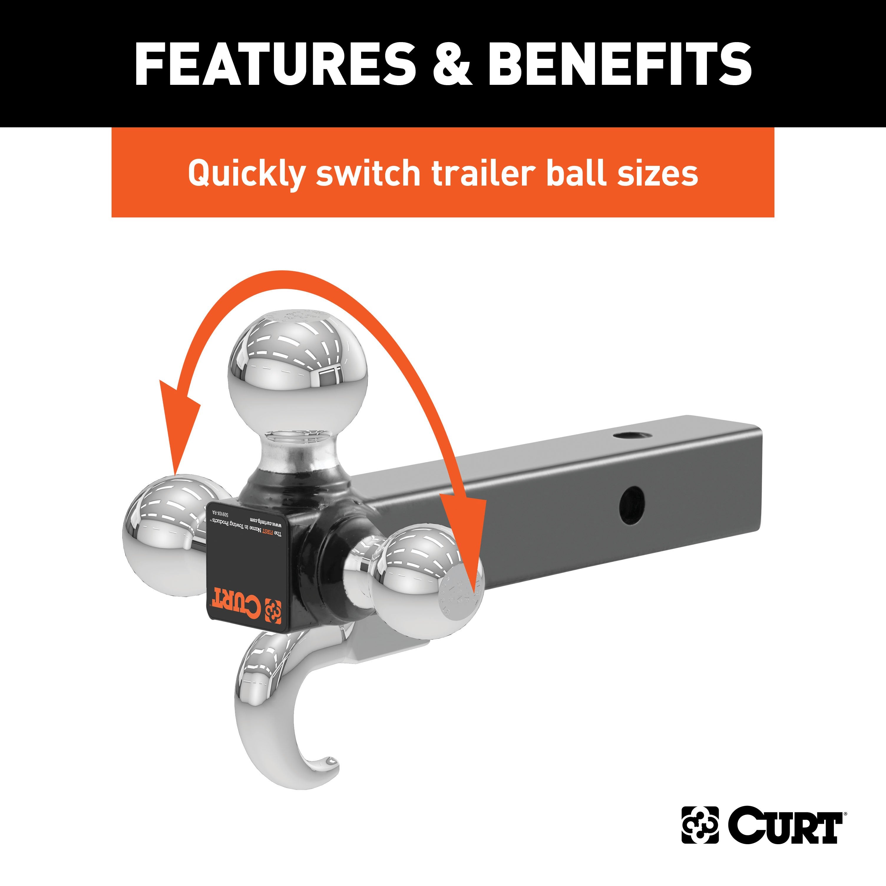 CURT Multi-Ball Trailer Hitch Ball Mount, 1-7/8, 2, 2-5/16-Inch Balls and Tow Hook, Fits 2-Inch Receiver, 10,000 lbs Model 45675