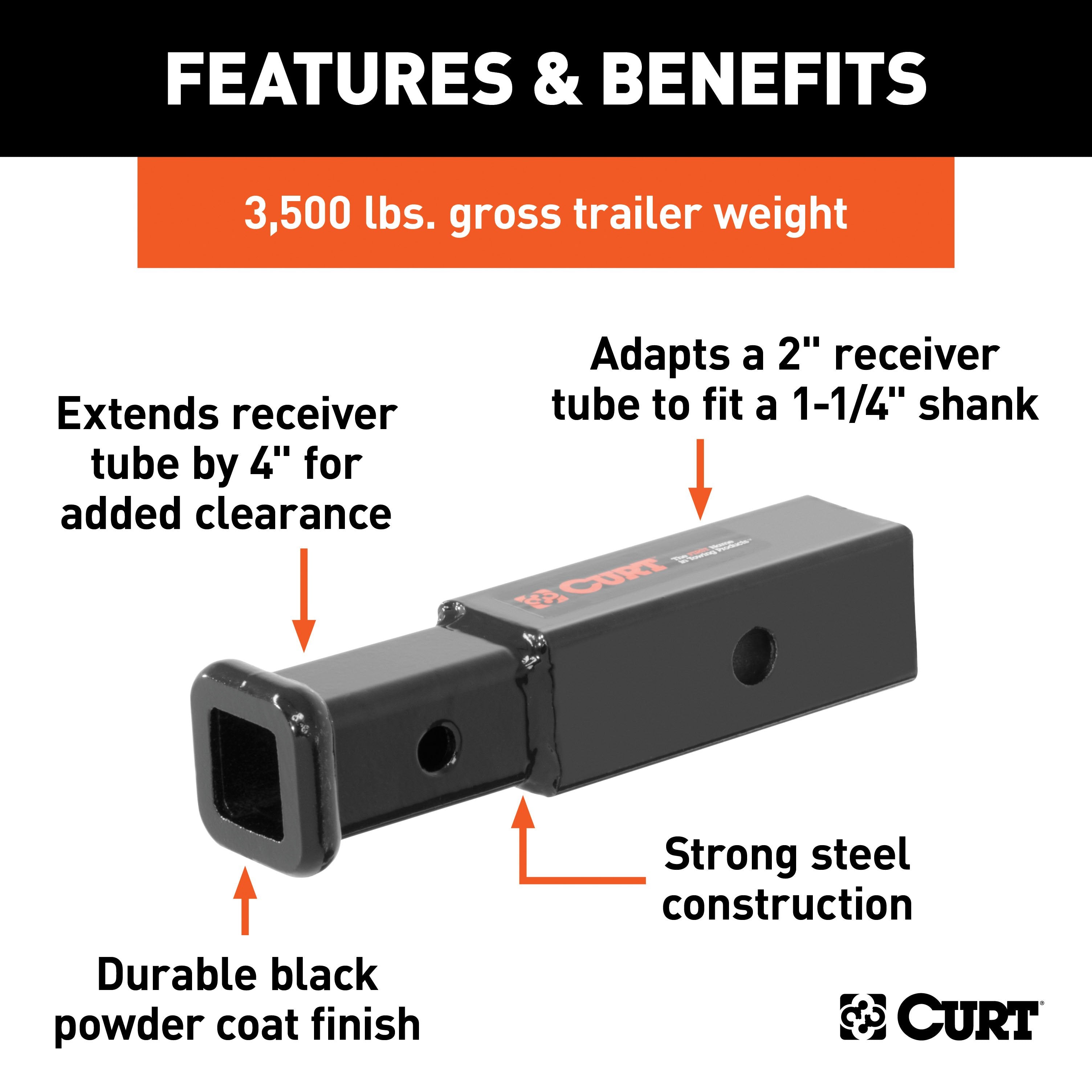 CURT Trailer Hitch Receiver Adapter Reducer, 2 to 1-1/4-Inch, 4-In Extension, 3,500 lbs Model 45770