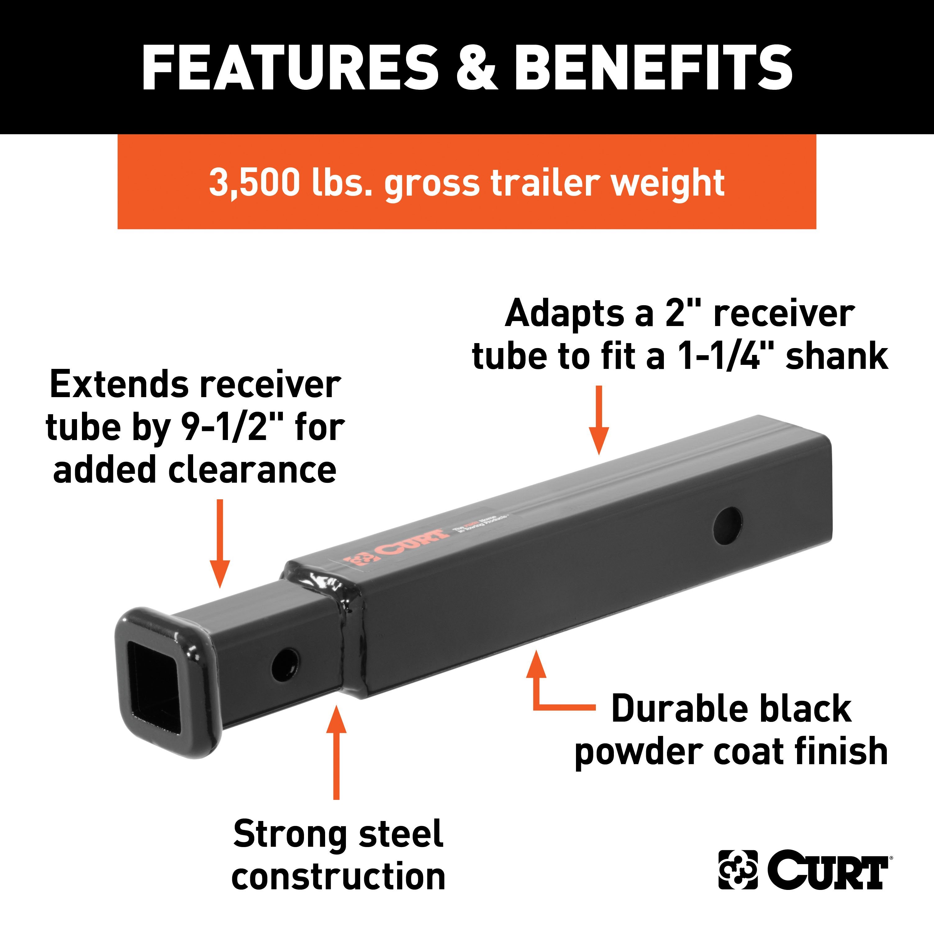 CURT Trailer Hitch Receiver Adapter Reducer, 2 to 1-1/4-Inch, 9-1/2-In Extension, 3,500 lbs Model 45775