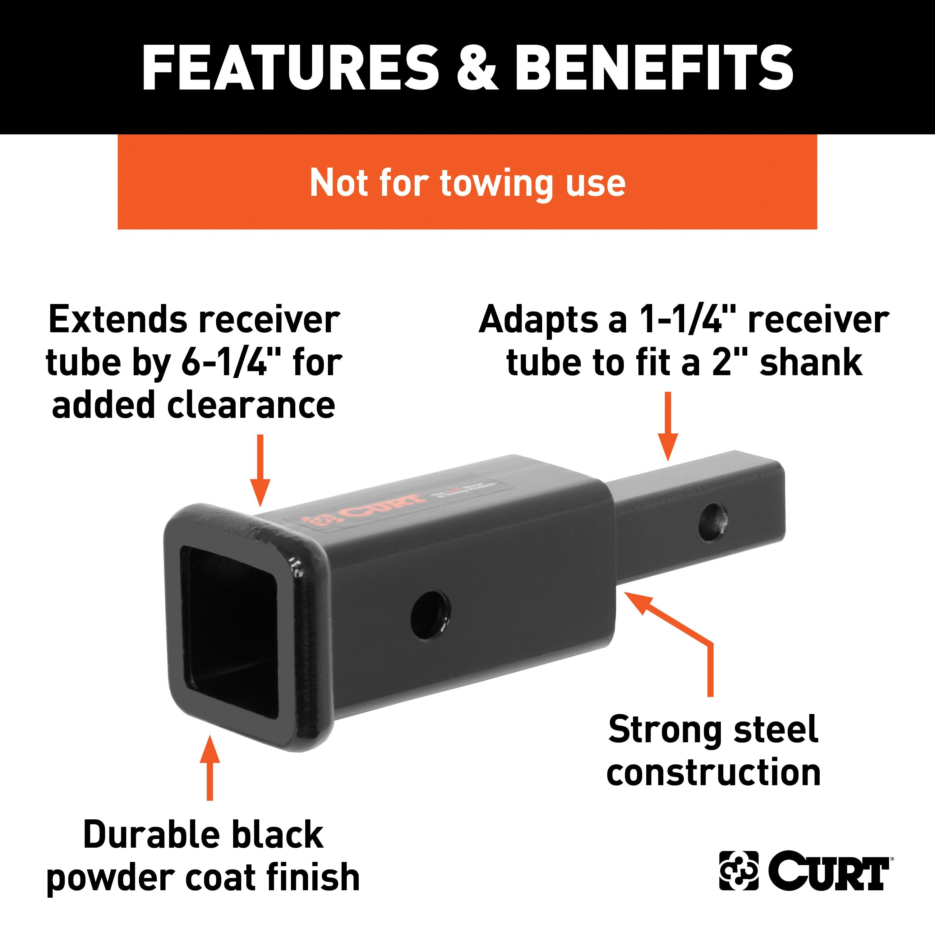 CURT Trailer Hitch Receiver Adapter, 1-1/4 to 2-Inch, 6-1/4-In Extension, 350 lbs Model 45785
