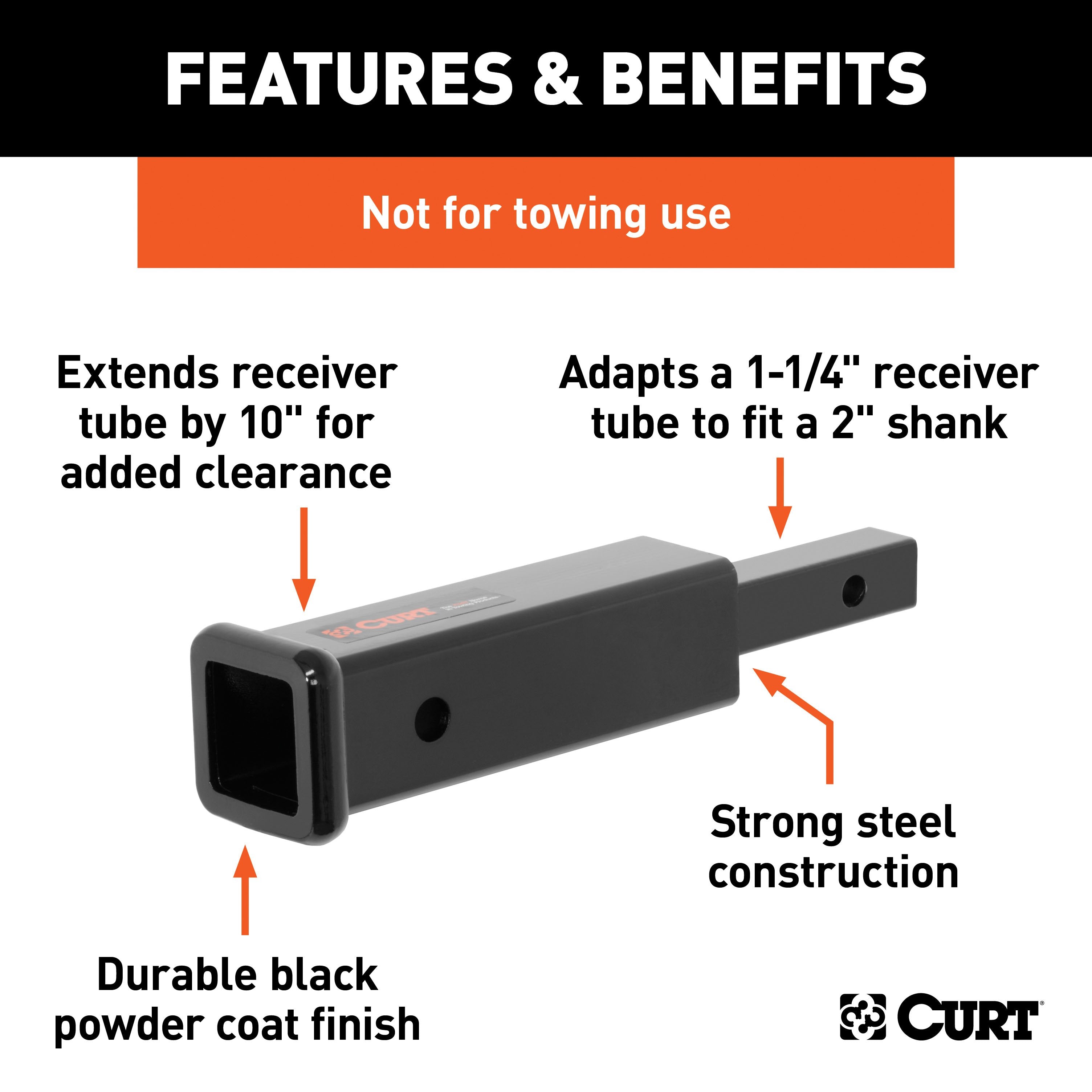 CURT Trailer Hitch Receiver Adapter, 1-1/4 to 2-Inch, 10-In Extension, 350 lbs Model 45790