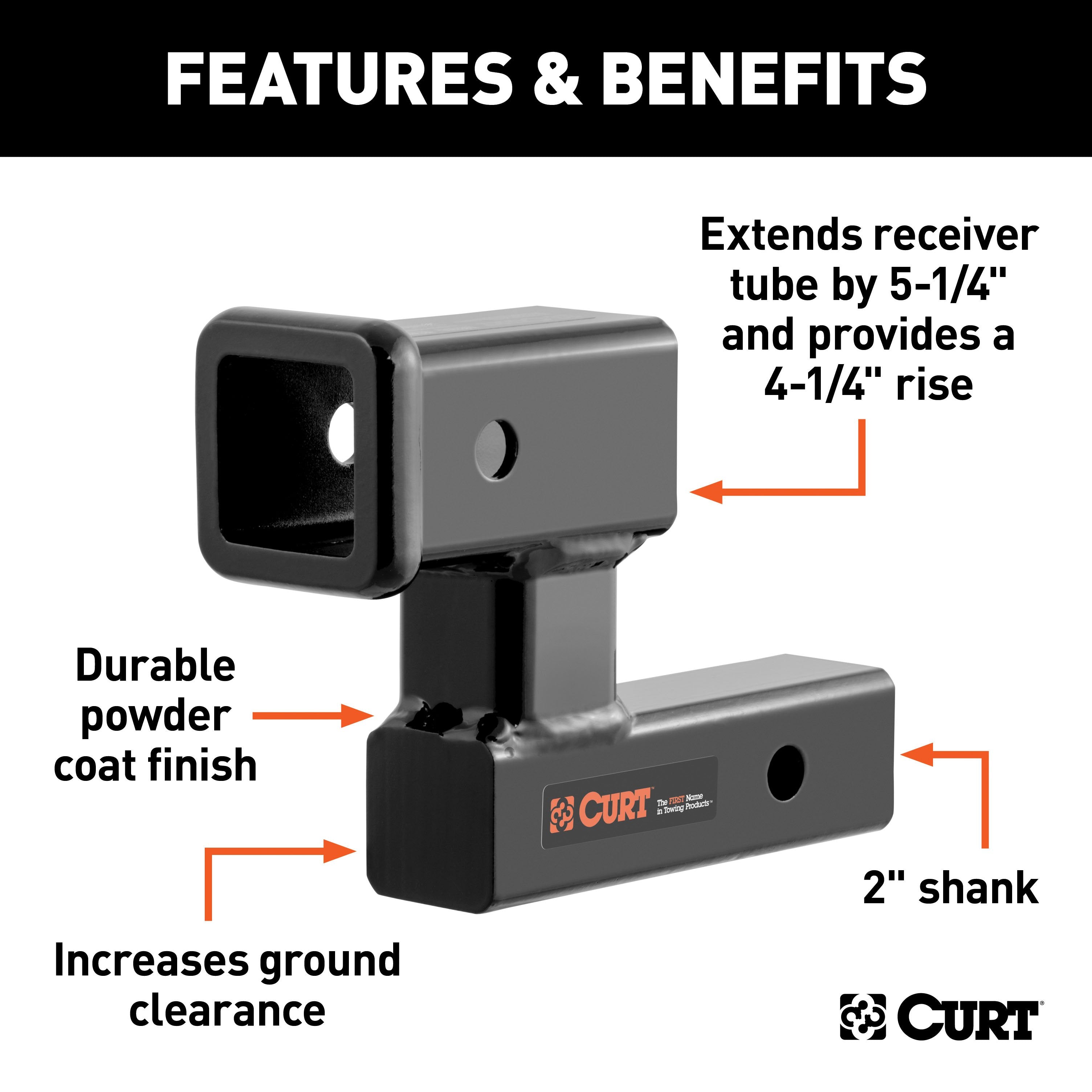 CURT Raised Trailer Hitch Extender, Fits 2-Inch Receiver, Extends 5-1/4", 4-1/4-In Rise Model 45794