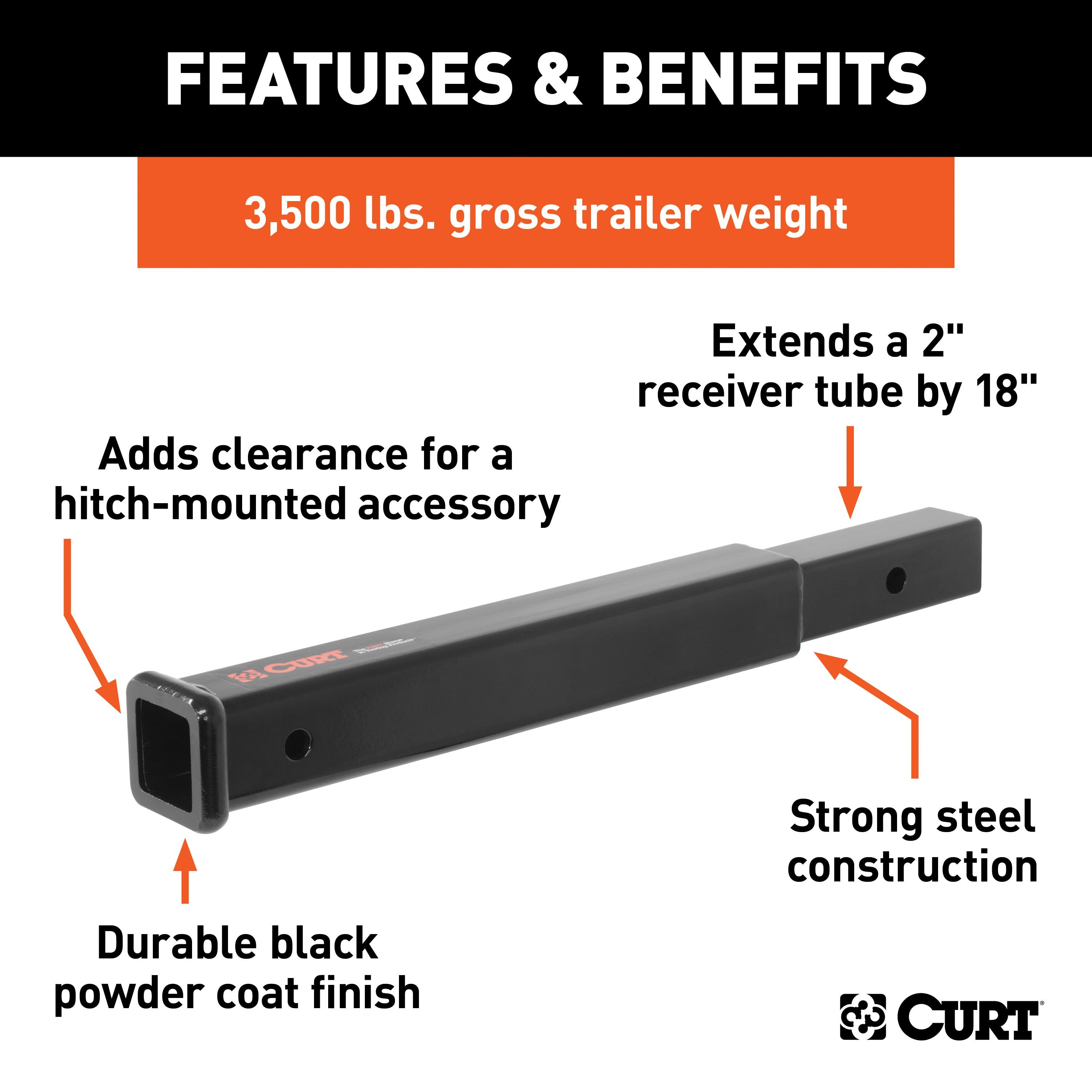 CURT 18-Inch Long Trailer Hitch Extension for 2-Inch Receiver, 3,500 lbs Model 45796