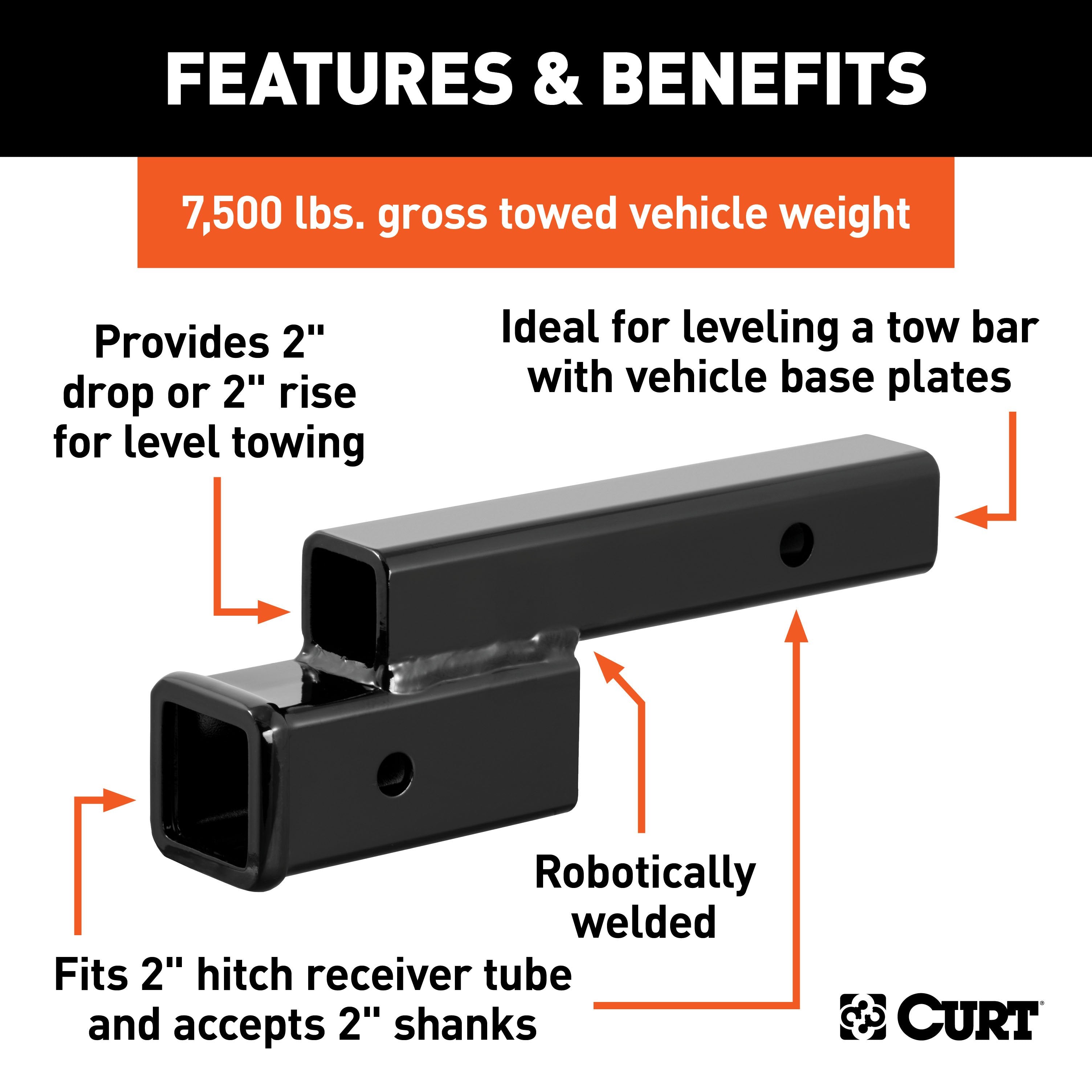 CURT Trailer Hitch Adapter, 2-Inch Receiver, 2-In Drop or Rise, 7,500 lbs Model 45797