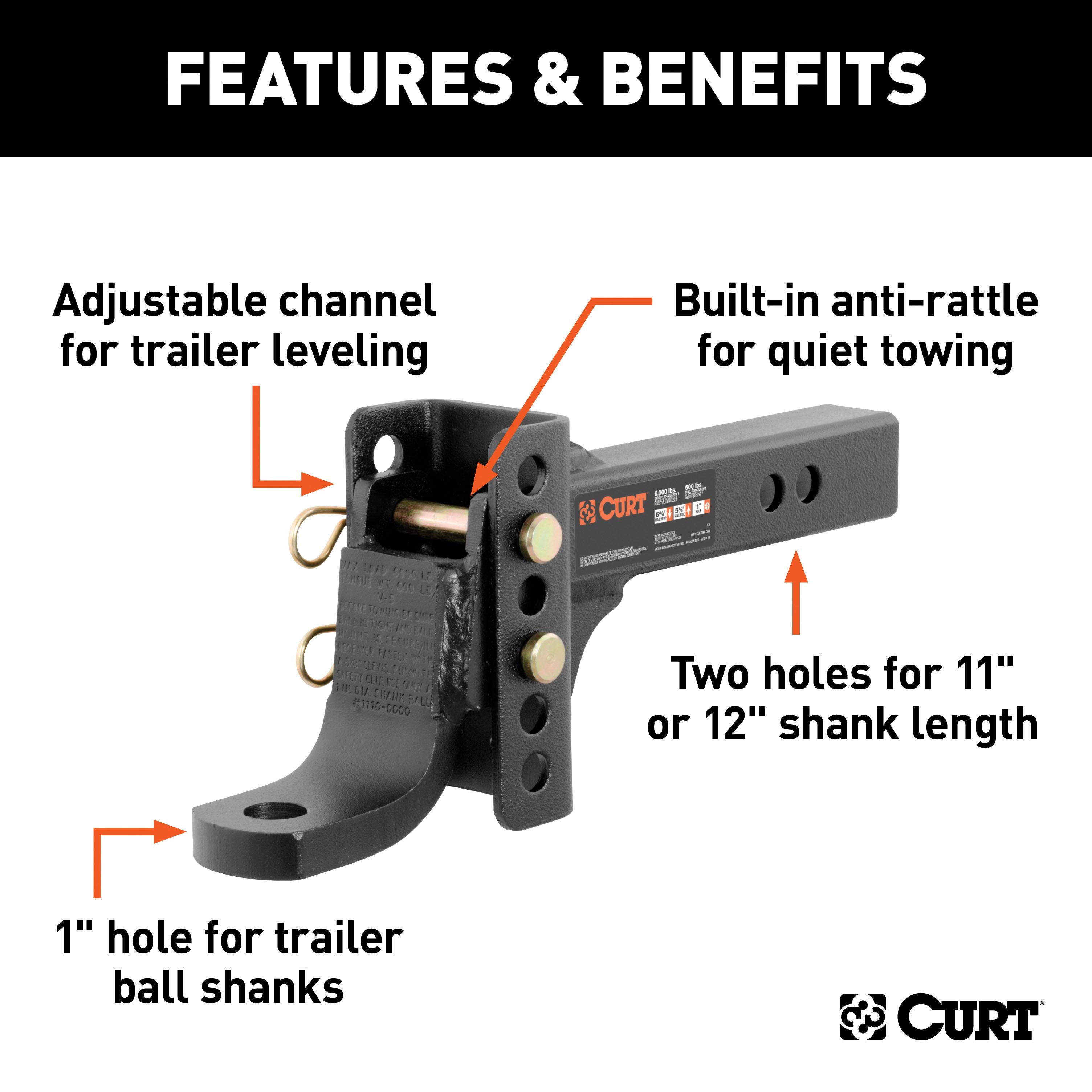 CURT Adjustable Trailer Hitch Ball Mount, 2-Inch Receiver, 6-3/4-Inch Drop, 1-Inch Hole, 6,000 lbs Model 45901