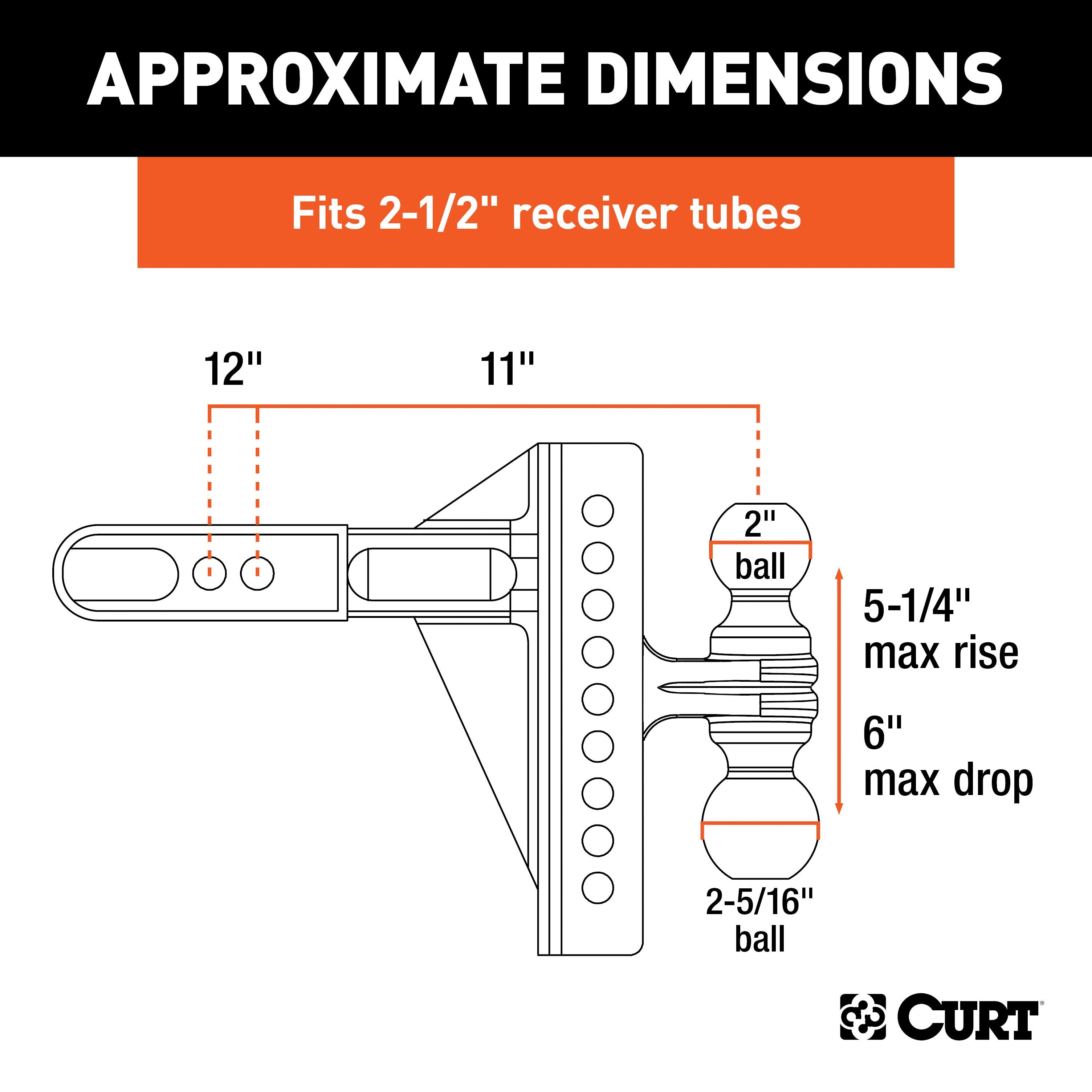 CURT Adjustable Trailer Hitch Ball Mount, 2-1/2-Inch Receiver, 6-Inch Drop, 2 and 2-5/16-Inch Balls, 20,000 lbs Model 45902