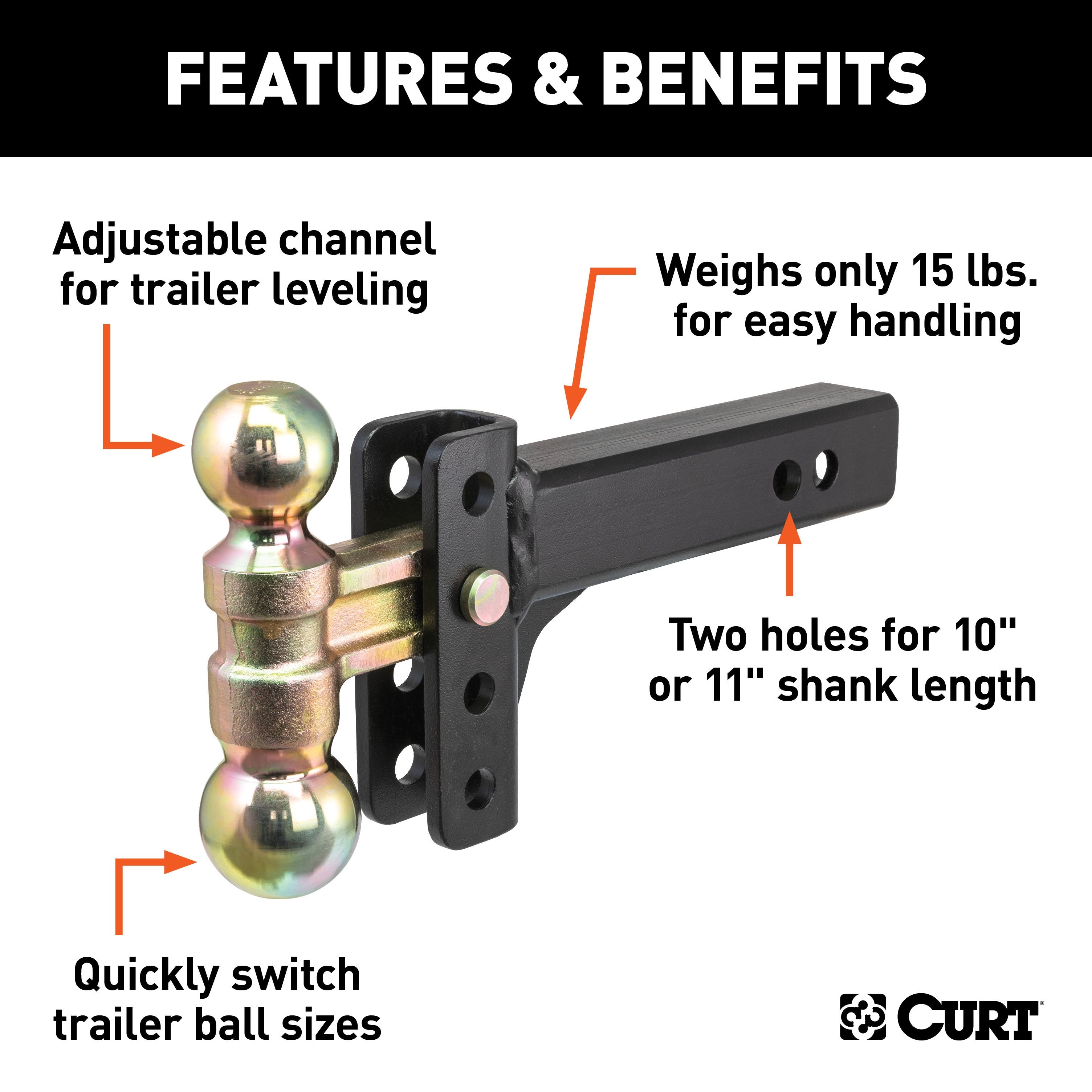 CURT Slim Adjustable Trailer Hitch Ball Mount, Fits 2-Inch Receiver, 3-3/4-In Drop, 2 or 2-5/16-Inch Balls, 10,000 Pounds Model 45903