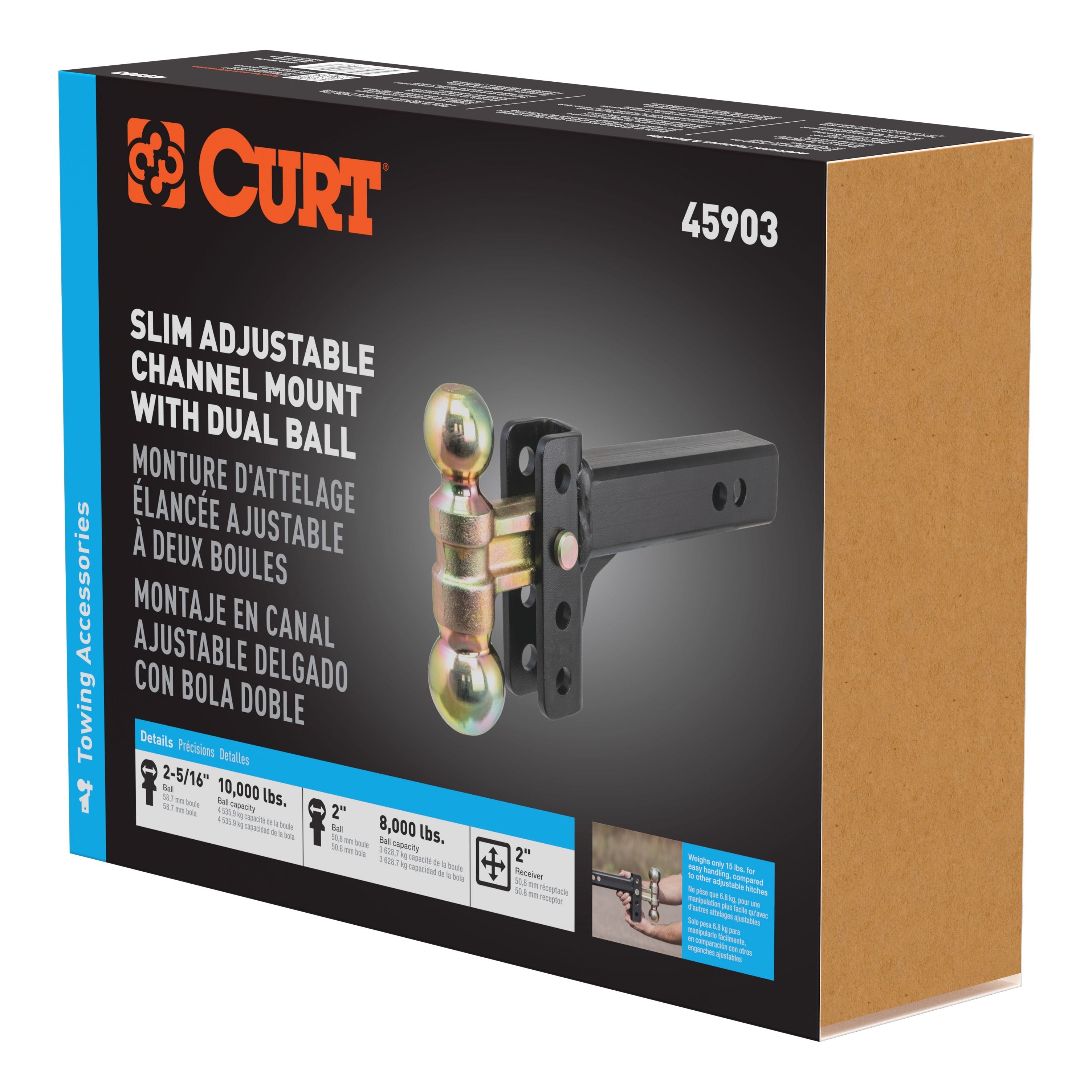 CURT Slim Adjustable Trailer Hitch Ball Mount, Fits 2-Inch Receiver, 3-3/4-In Drop, 2 or 2-5/16-Inch Balls, 10,000 Pounds Model 45903