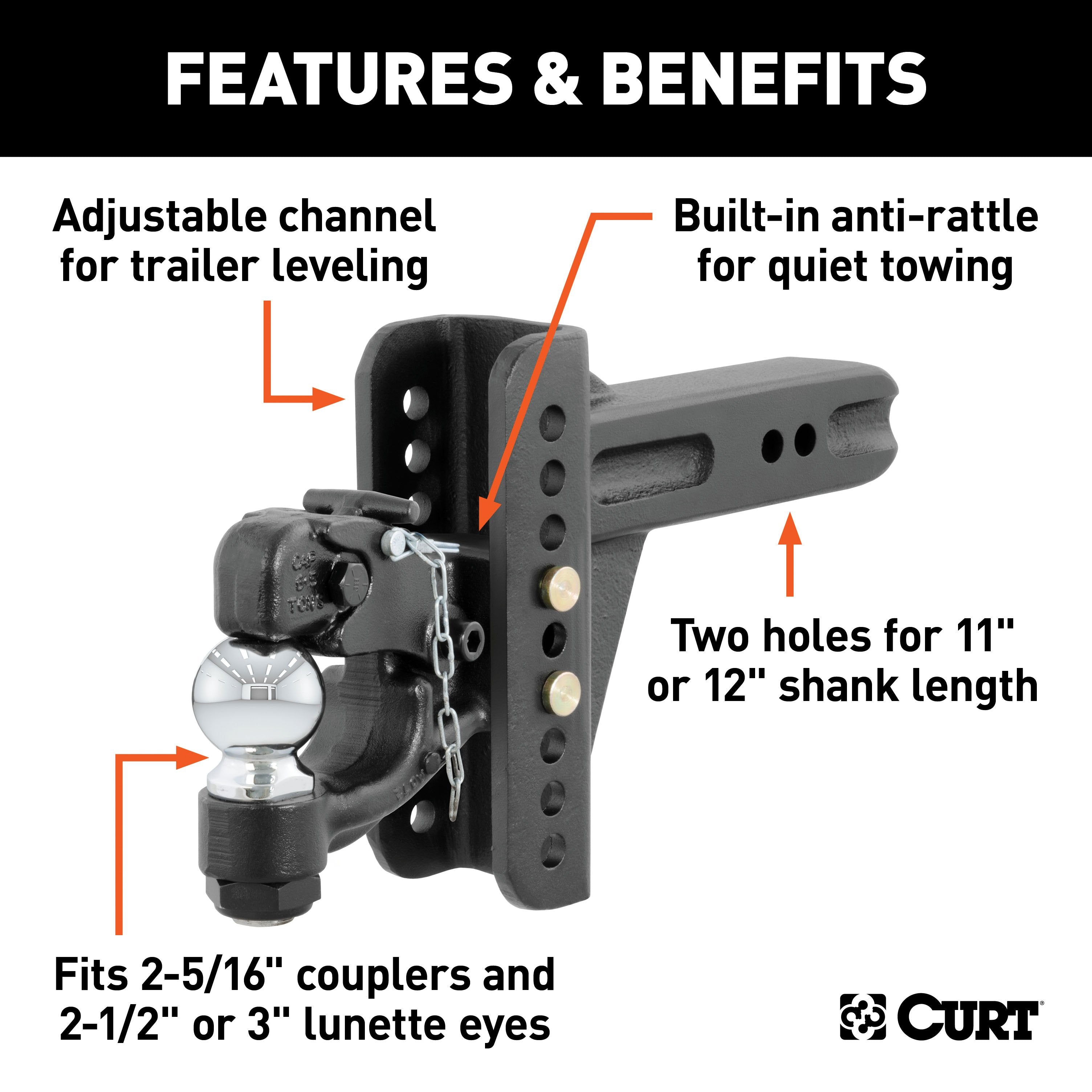 CURT Adjustable Pintle Hitch Combination, 2-1/2-Inch Receiver, 6-Inch Drop, 2-5/16-Inch Ball, 20,000 lbs Model 45908