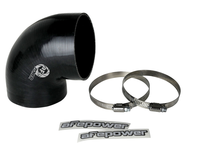 afe Magnum FORCE Intake Coupling Kit featuring a black 90-degree elbow coupler, two clamps, and logo decals for performance upgrades.