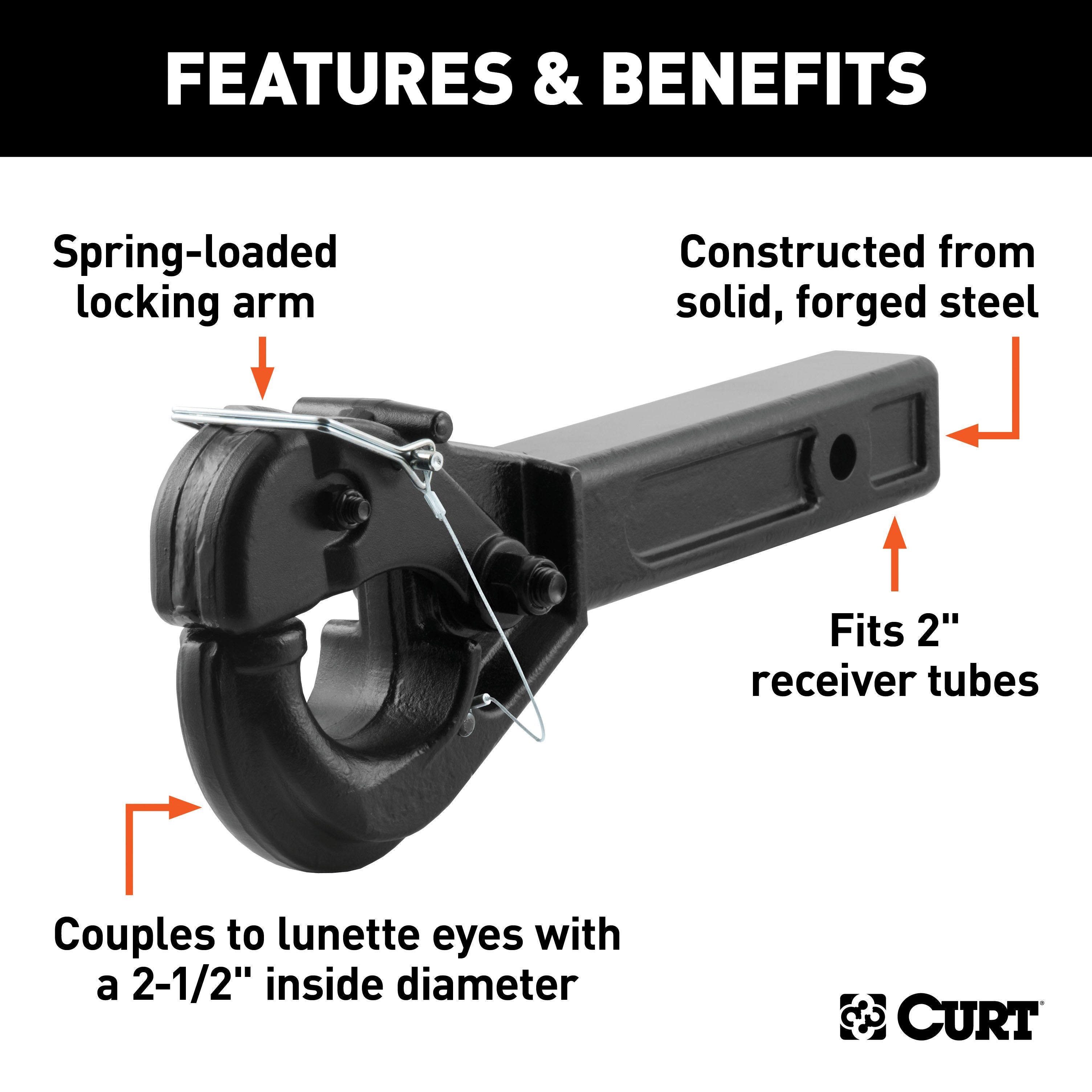 CURT Pintle Hook Hitch for 2-Inch Receiver, 20,000 lbs, Fits 2-1/2-Inch Lunette Ring Model 48004