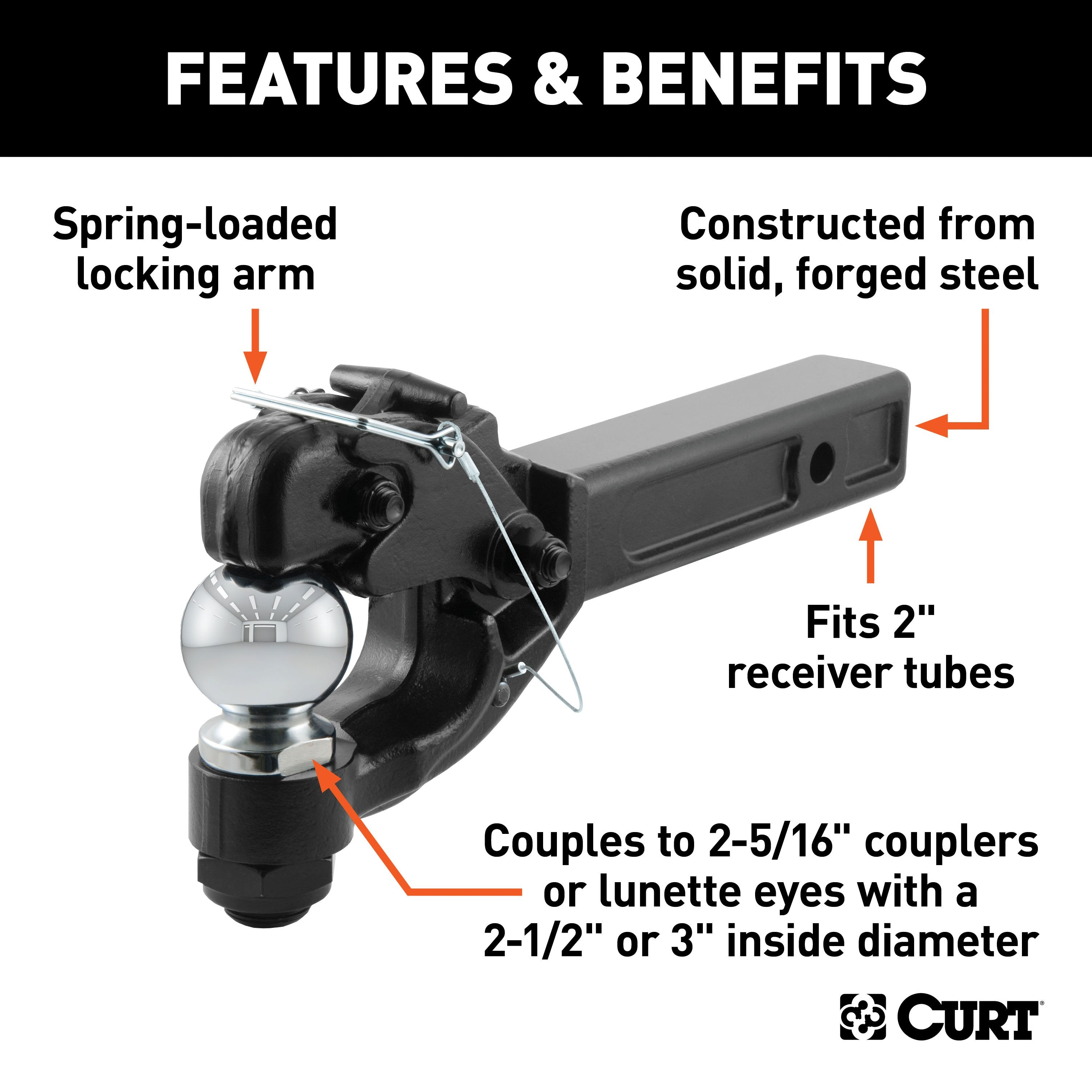 CURT Pintle Hitch with 2-5/16-Inch Trailer Ball, Fits 2-Inch Receiver, 16,000 lbs, 15-1/4-Inch Length Model 48006
