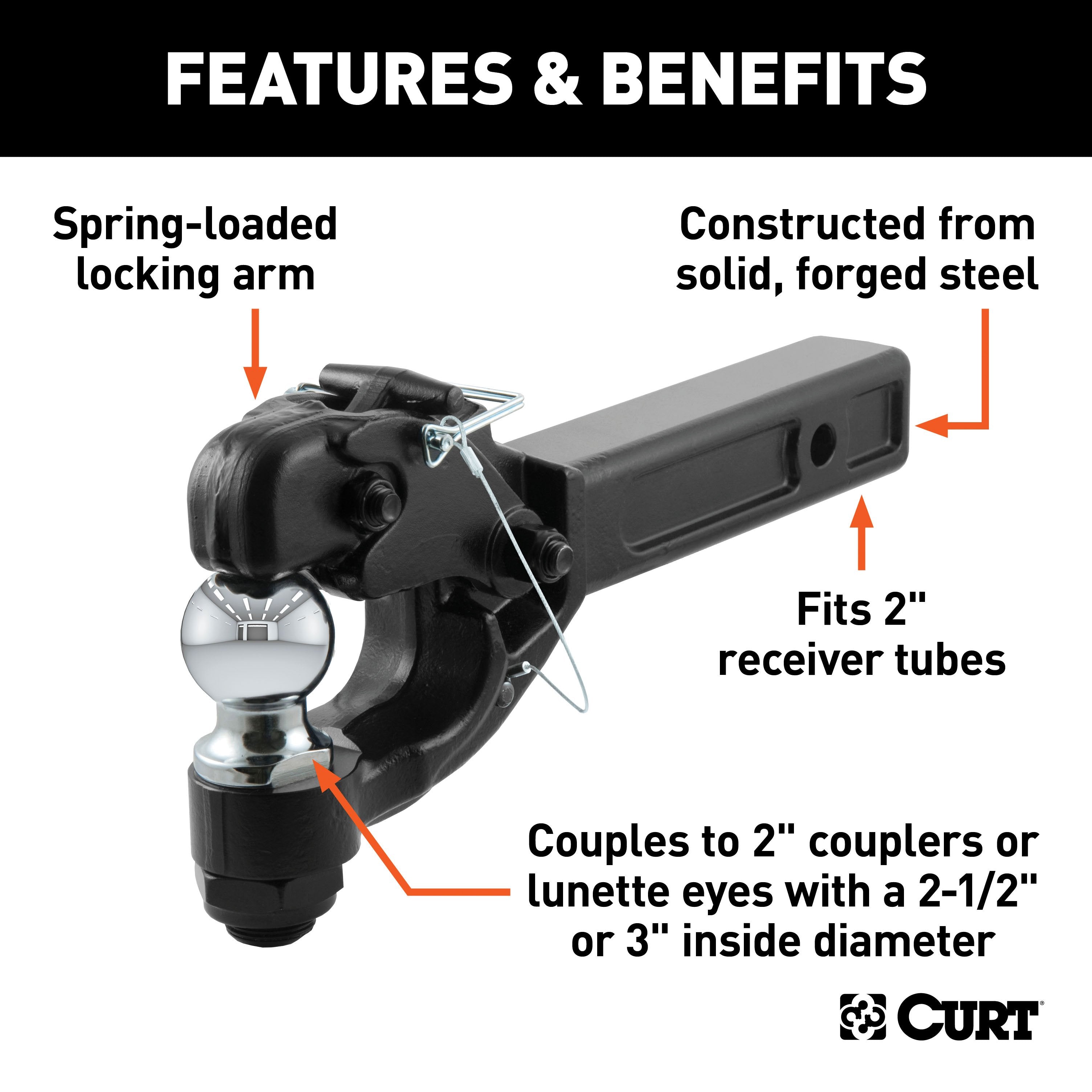 CURT Pintle Hitch with 2-Inch Trailer Ball, Fits 2-Inch Receiver, 16,000 lbs, 15-1/4-Inch Length Model 48007