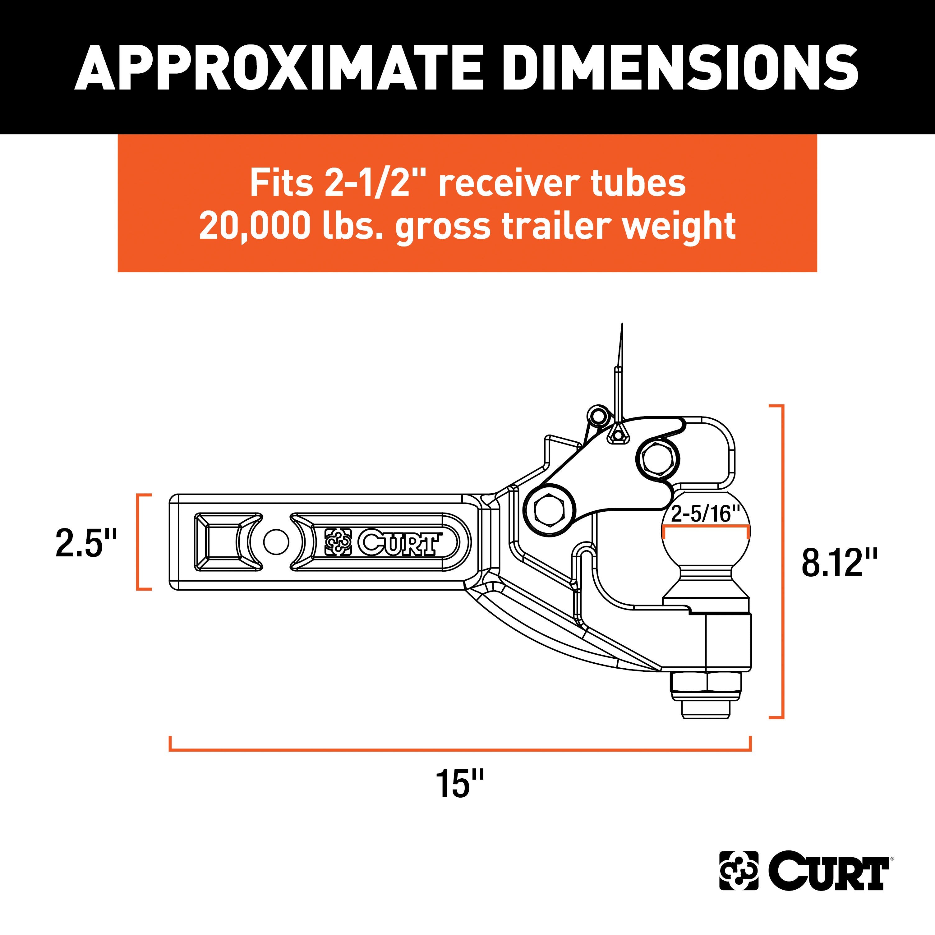 CURT Pintle Hitch with 2-5/16-Inch Trailer Ball, Fits 2-1/2-Inch Receiver, 20,000 lbs, 15-Inch Length Model 48012