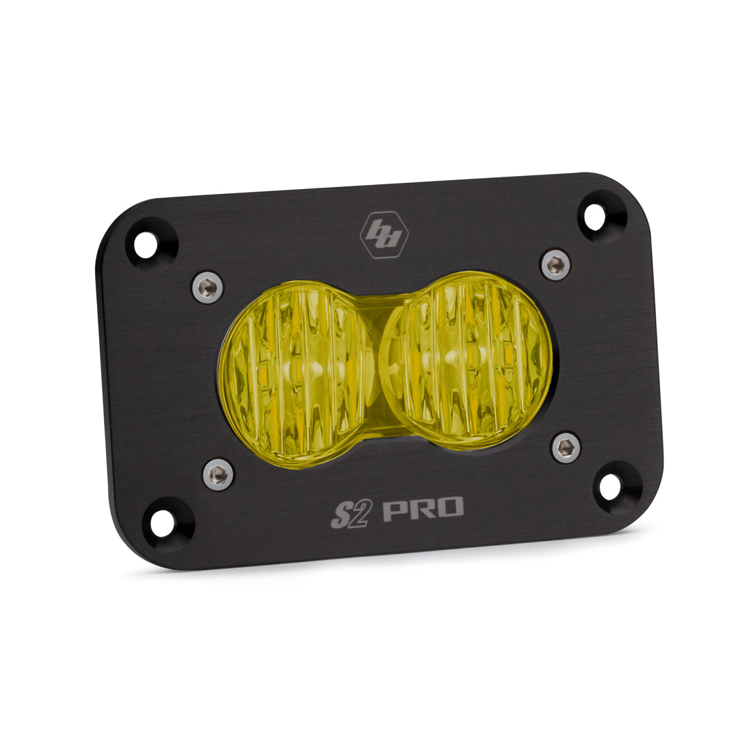 Baja Designs S2 Pro LED wide cornering light in amber, designed for flush mount installation on vehicles.