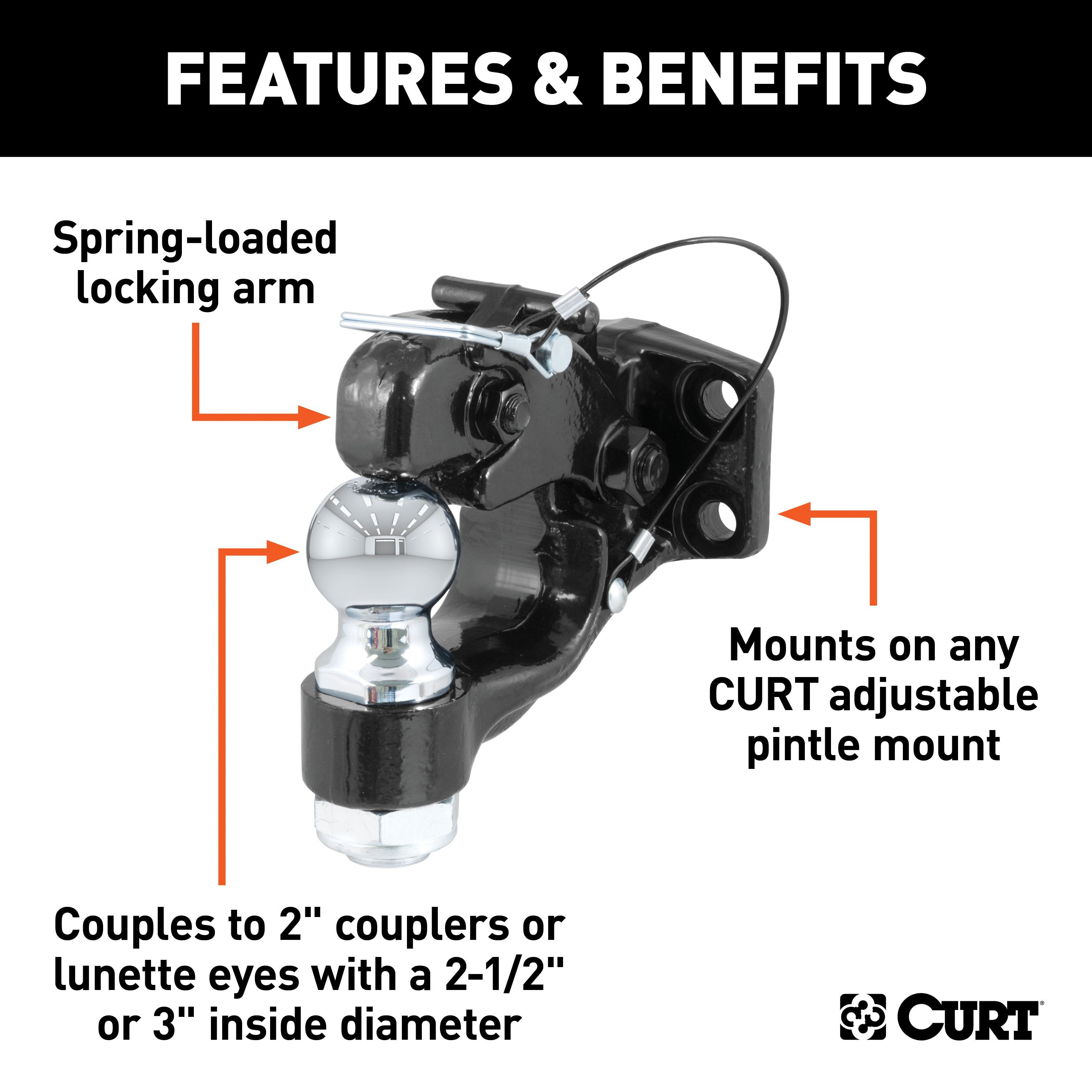 CURT Pintle Hitch with 2-Inch Trailer Ball, 16,000 lbs, Mount Required Model 48190