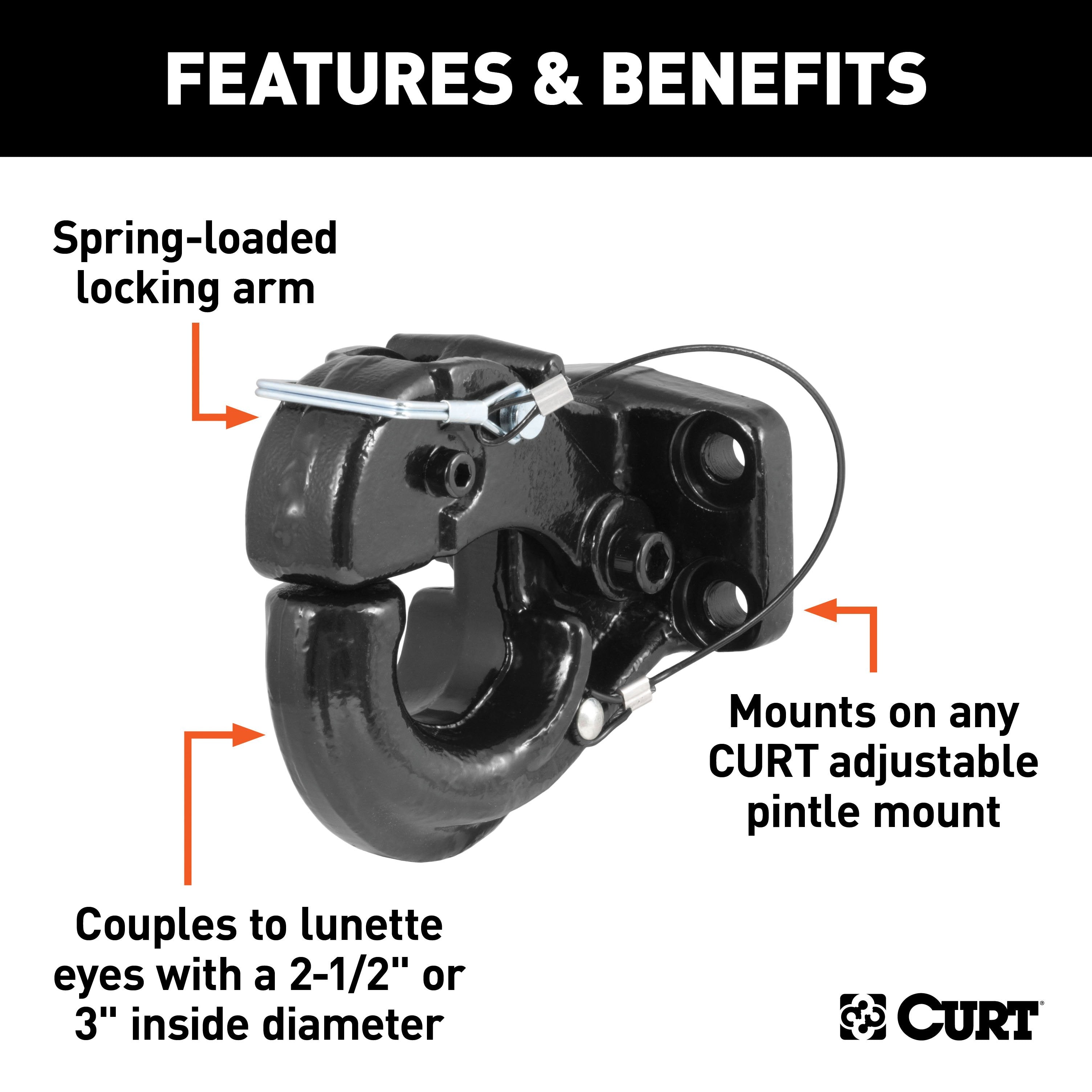 CURT Pintle Hook Hitch 20,000 lbs, Fits 2-1/2 to 3-Inch Lunette Ring, Mount Required Model 48210