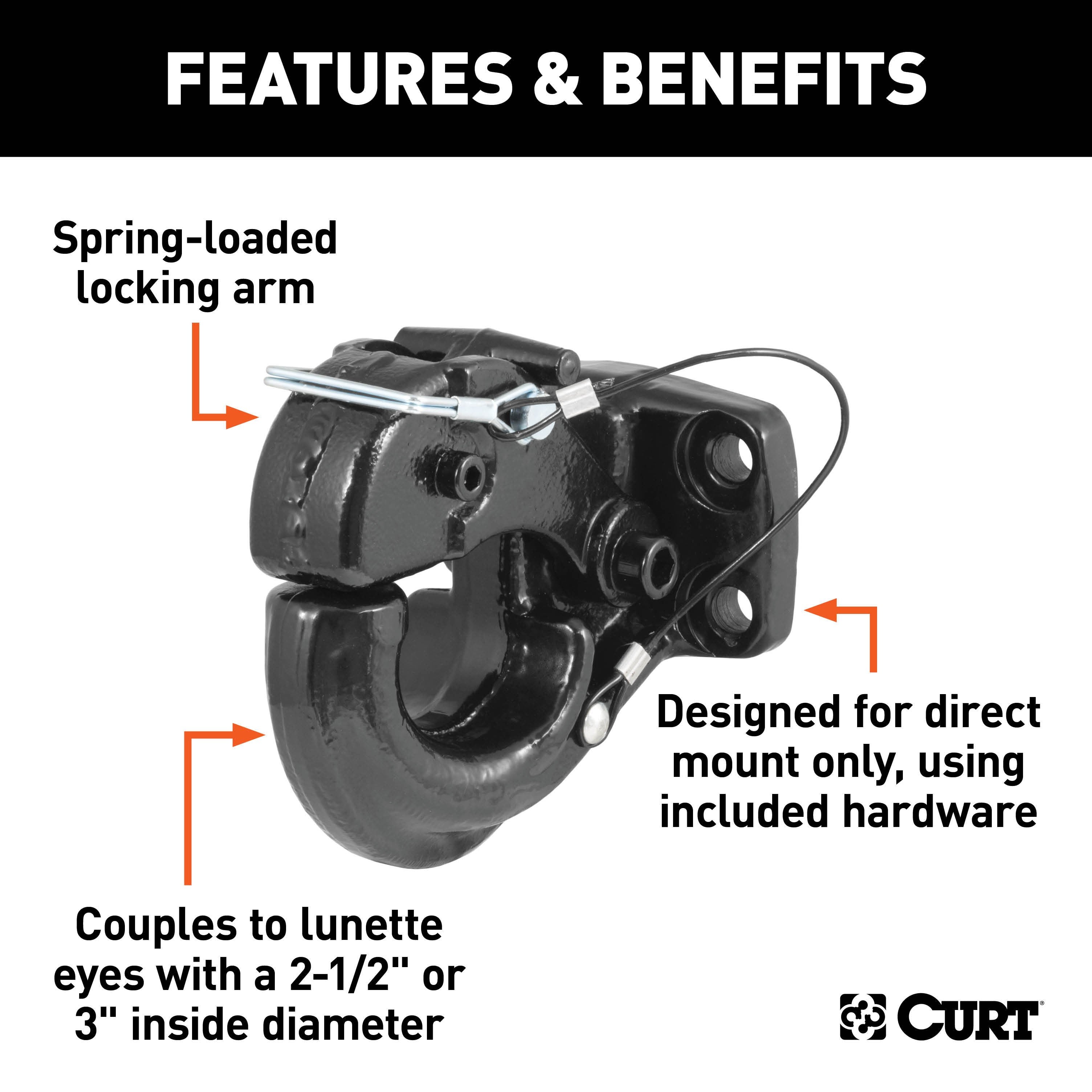 CURT Pintle Hook Hitch 60,000 lbs, Fits 2-1/2 to 3-Inch Lunette Ring, Direct Mount Only Model 48231