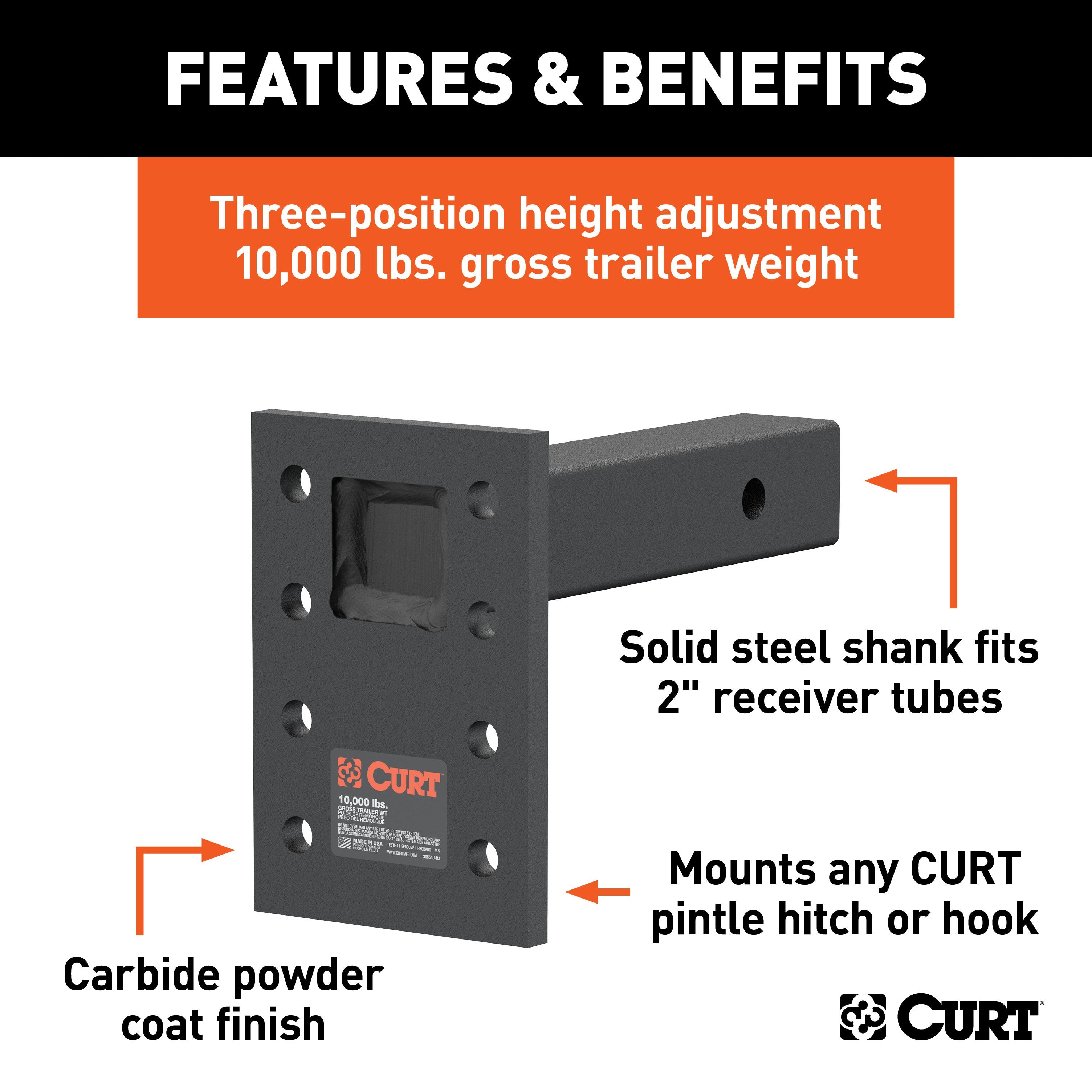 CURT Adjustable Pintle Mount for 2-Inch Hitch Receiver, 10,000 lbs, 6-1/2-Inch Drop, 8-Inch Length Model 48324