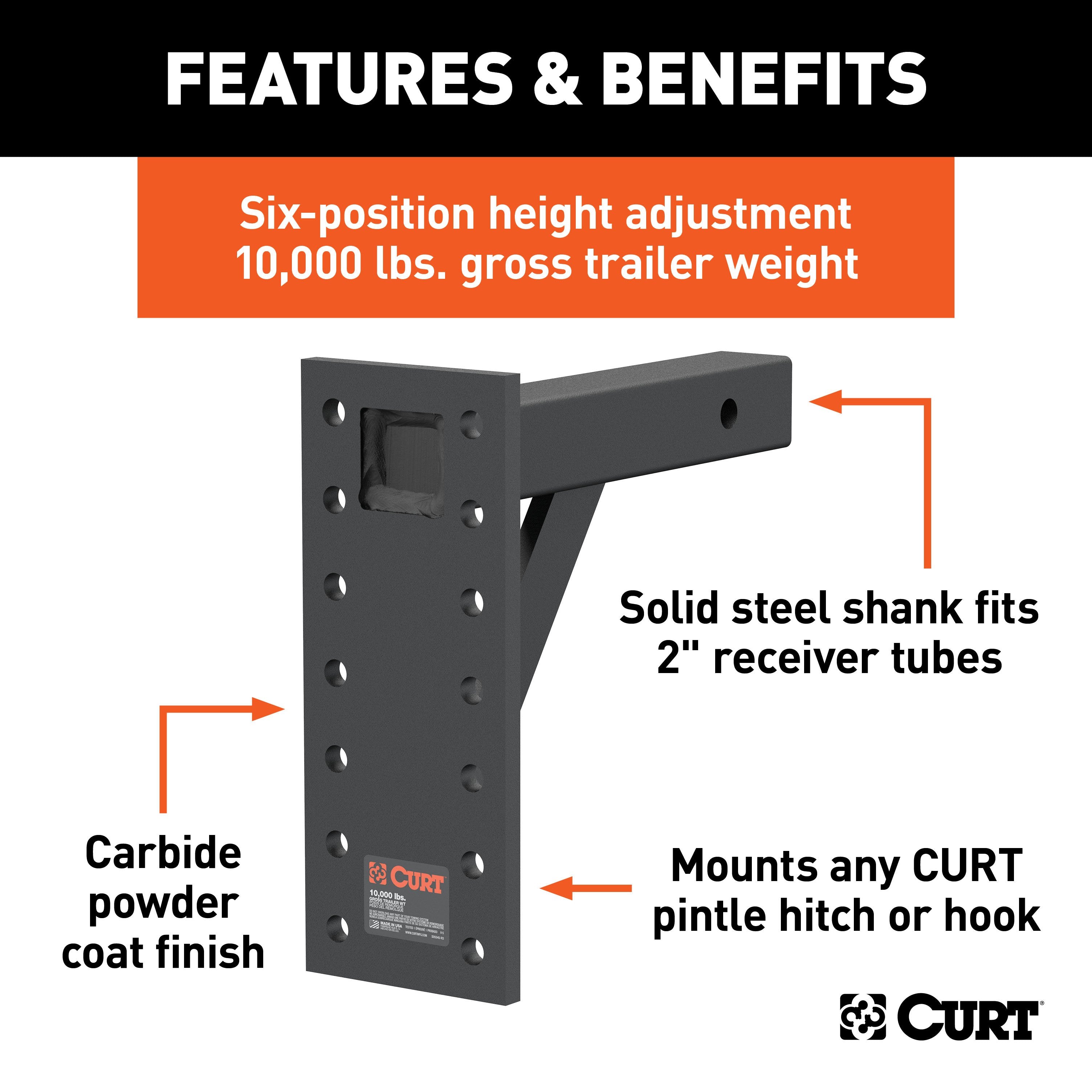 CURT Adjustable Pintle Mount for 2-Inch Hitch Receiver, 10,000 lbs, 11-1/2-Inch Drop, 10-Inch Length Model 48341