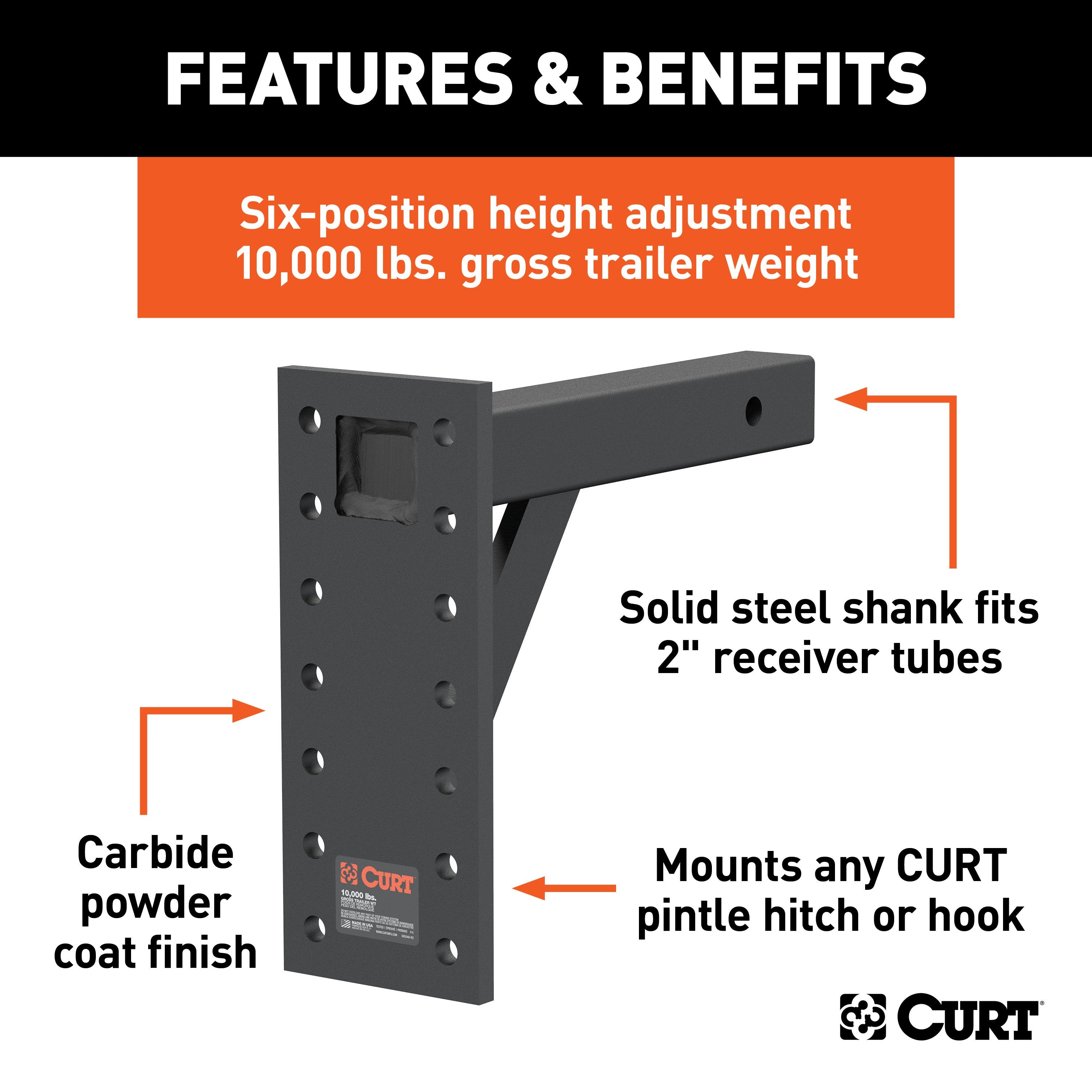 CURT Adjustable Pintle Mount for 2-Inch Hitch Receiver, 10,000 lbs, 11-1/2-Inch Drop, 12-Inch Length Model 48342