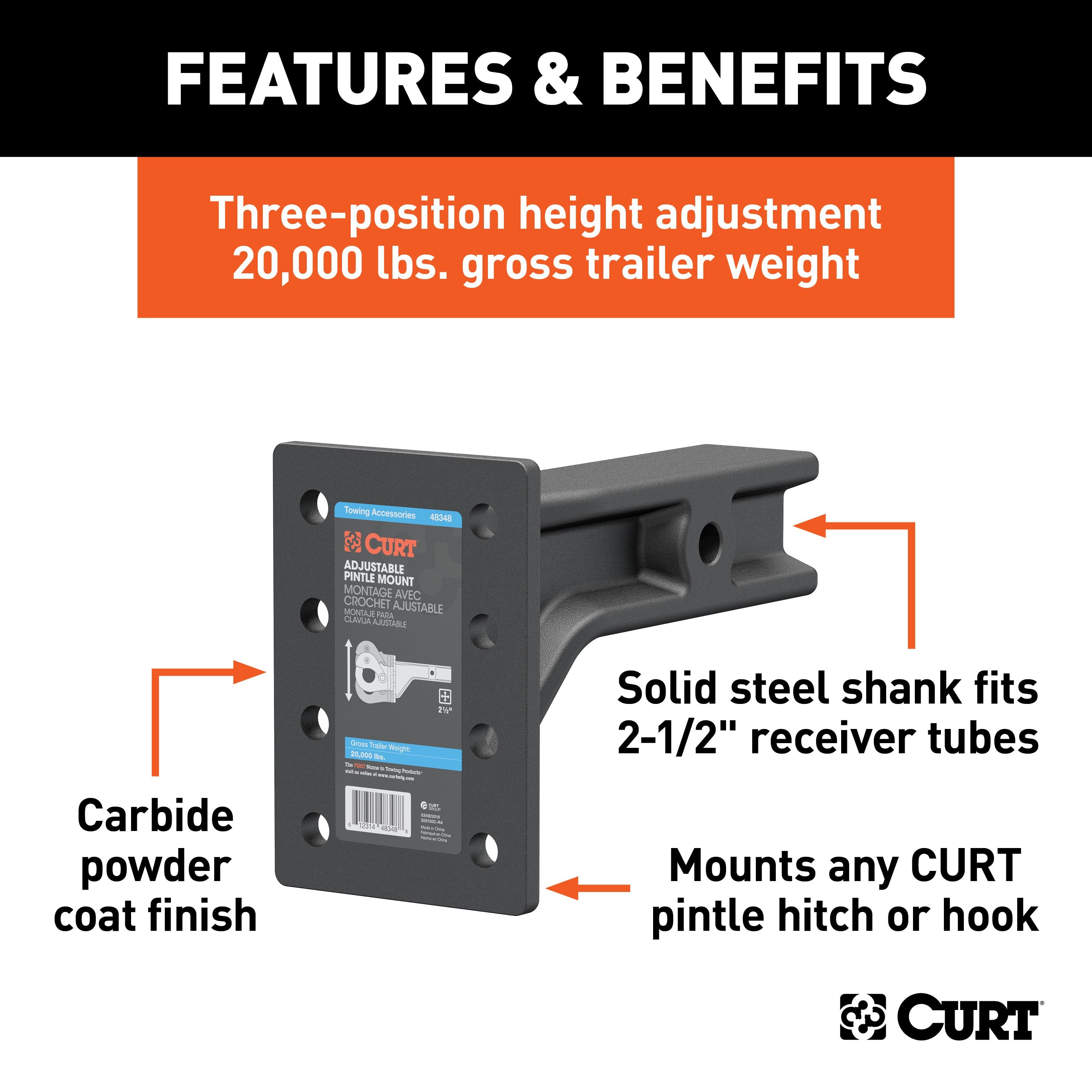 CURT Adjustable Pintle Mount for 2-1/2-Inch Hitch Receiver, 20,000 lbs, 7-1/4-Inch Height, 10-3/4-Inch Length Model 48348