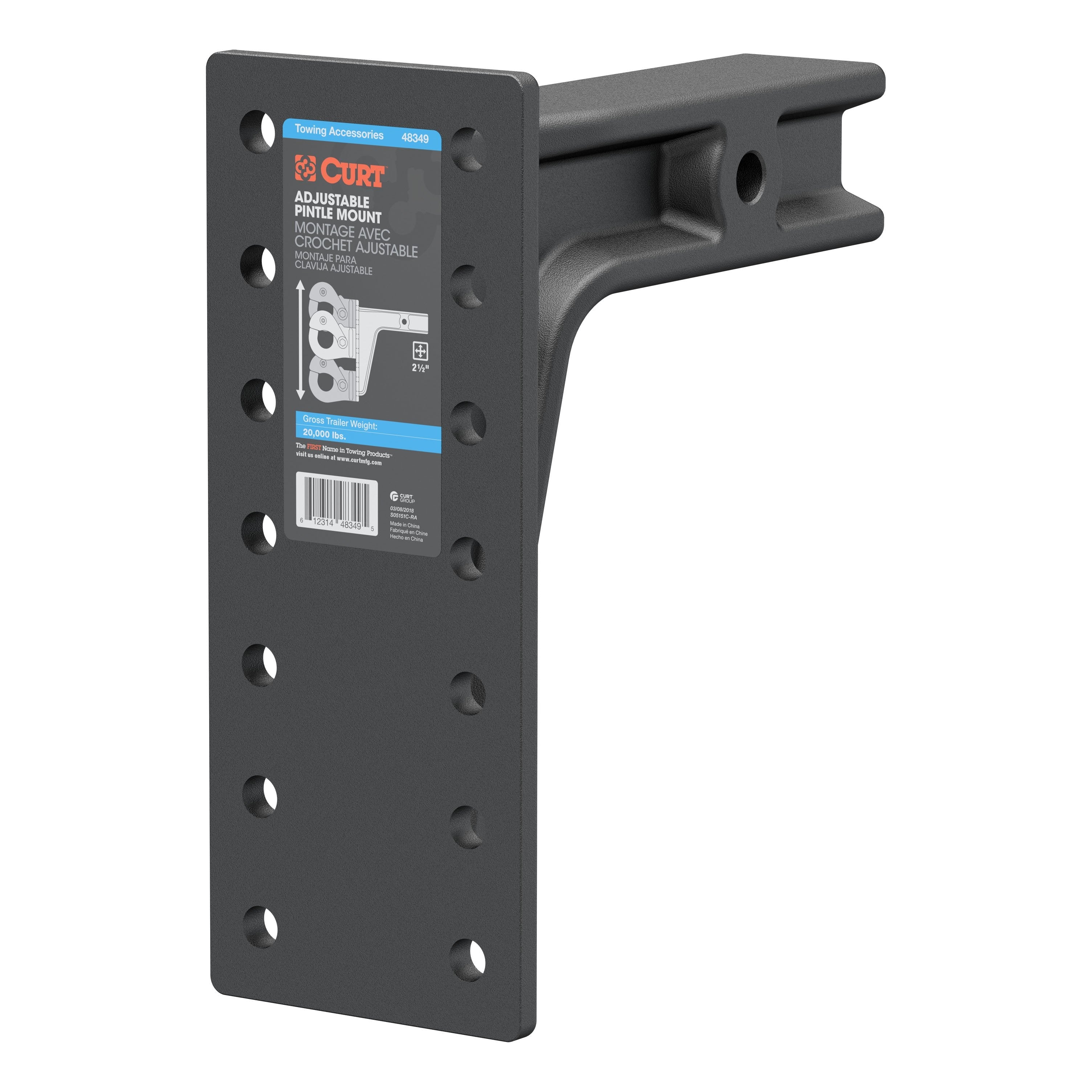 CURT Adjustable Pintle Mount for 2-1/2-Inch Hitch Receiver, 20,000 lbs, 12-1/2-Inch Height, 10-3/4-Inch Length Model 48349