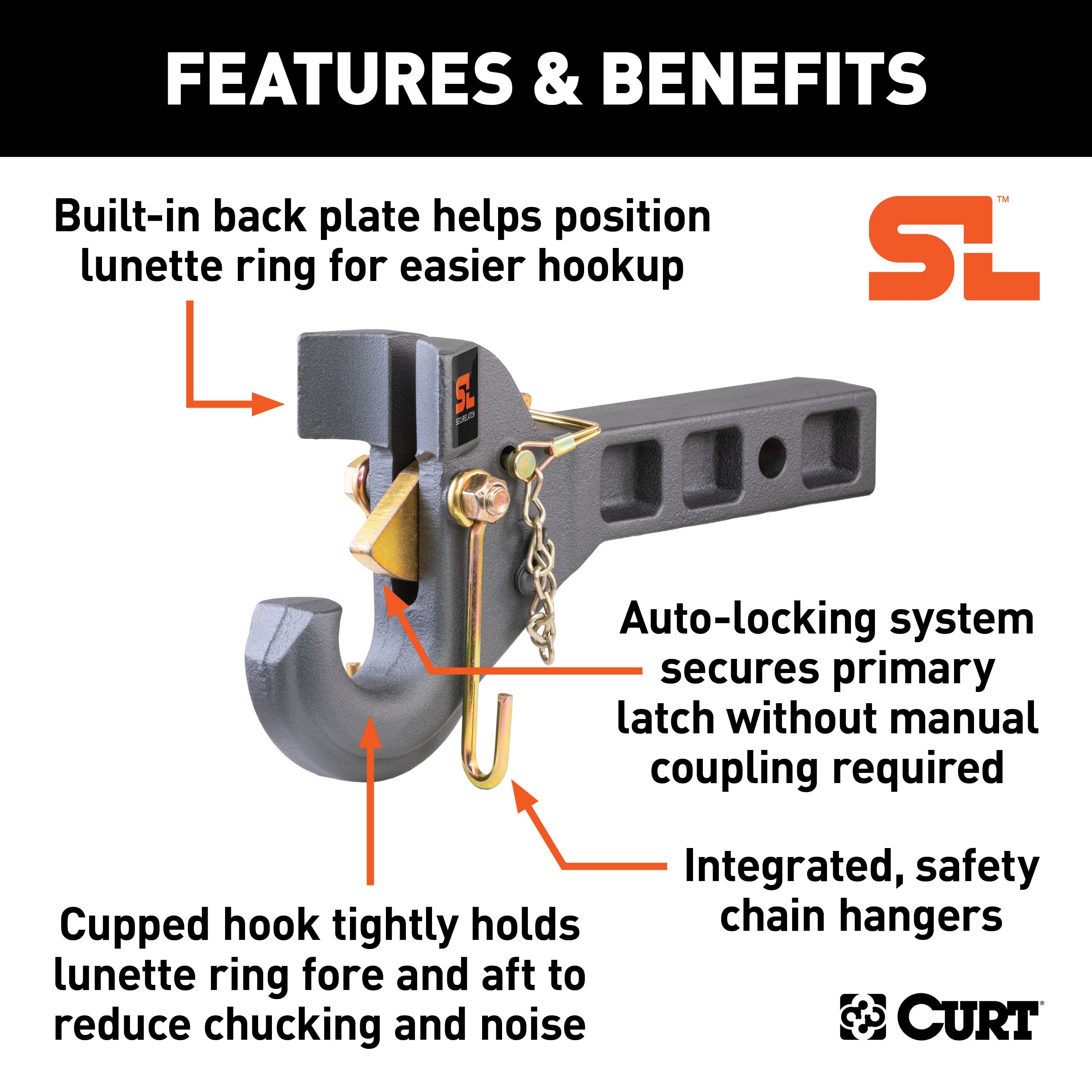 CURT SecureLatch Receiver-Mount Pintle Hook, 2-Inch Shank, 14,000 Pounds Model 48405