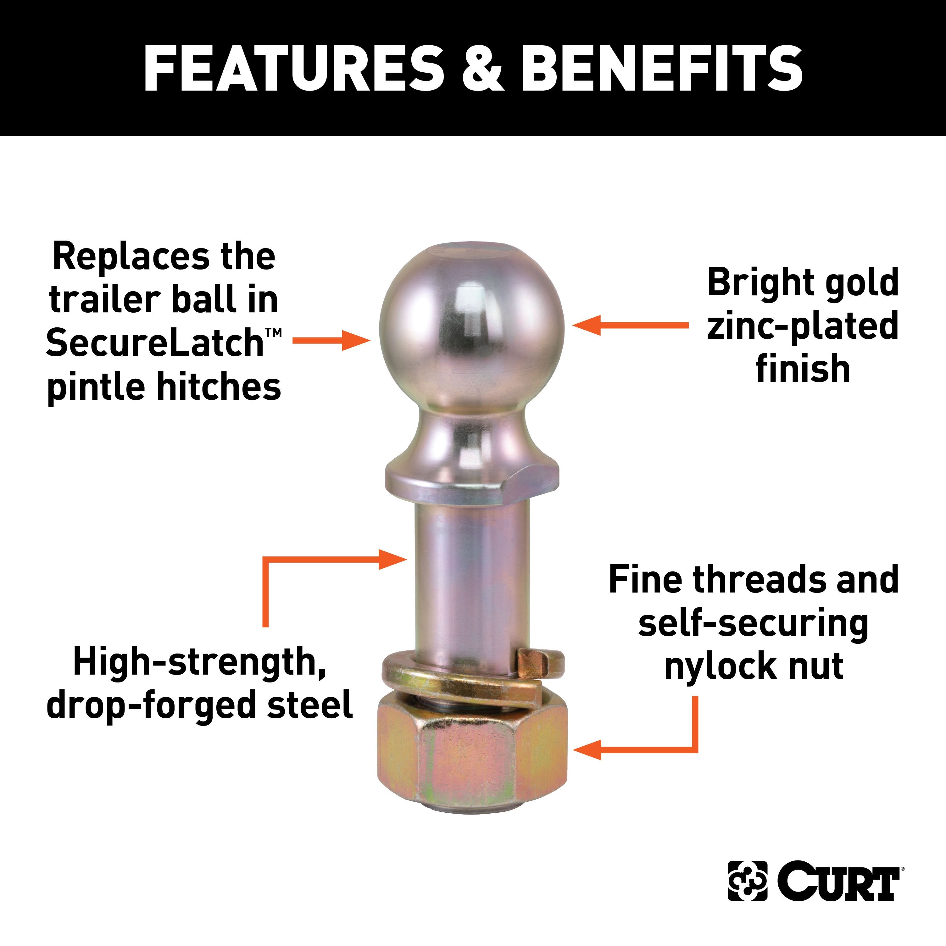 CURT Replacement SecureLatch 2-Inch Pintle Hitch Ball, 10,000, 1-1/4-Inch Shank Diameter Model 48420