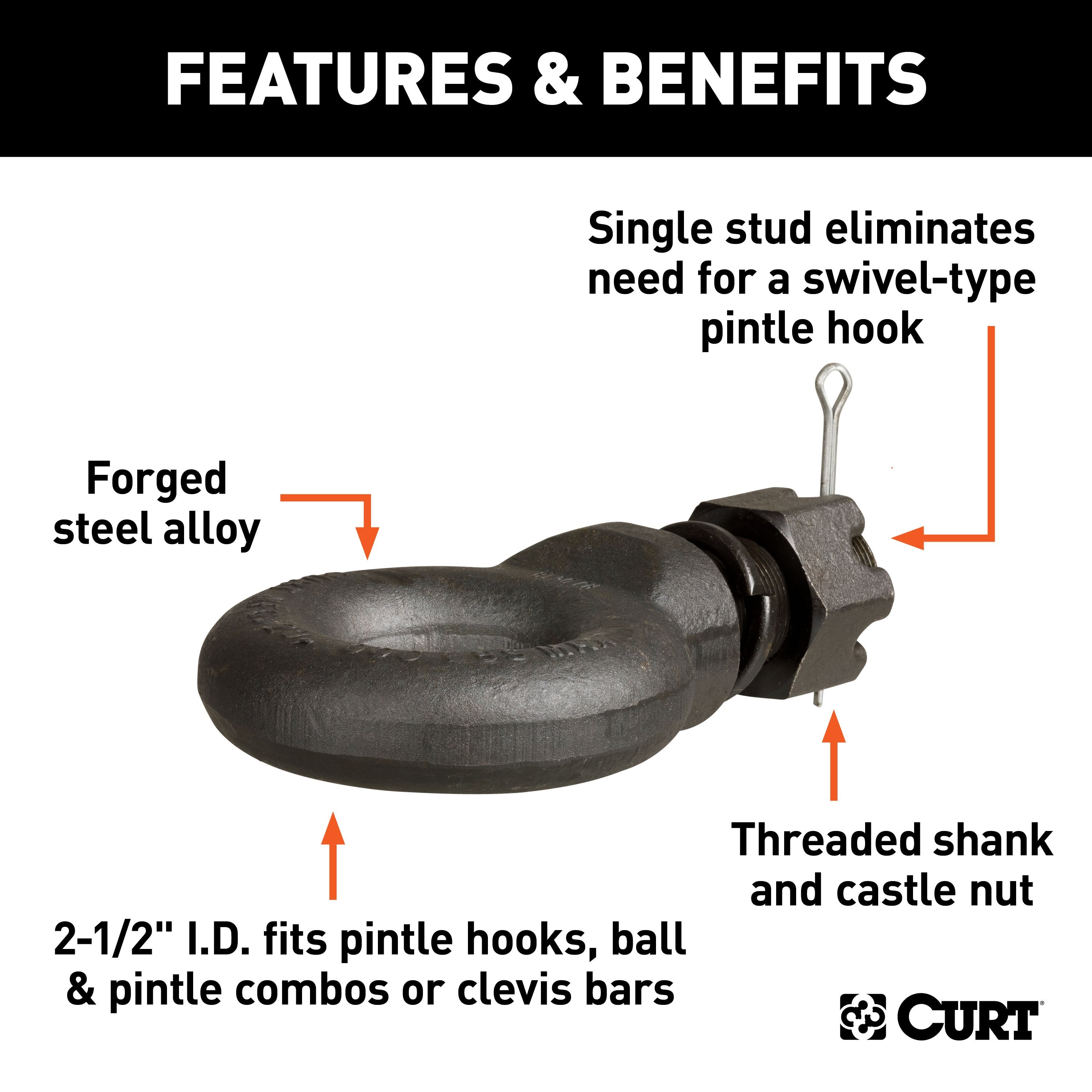 CURT Black Steel Pintle Hitch Lunette Ring with Swivel Castle Nut, 2-1/2-Inch ID, 20,000 lbs Model 48520