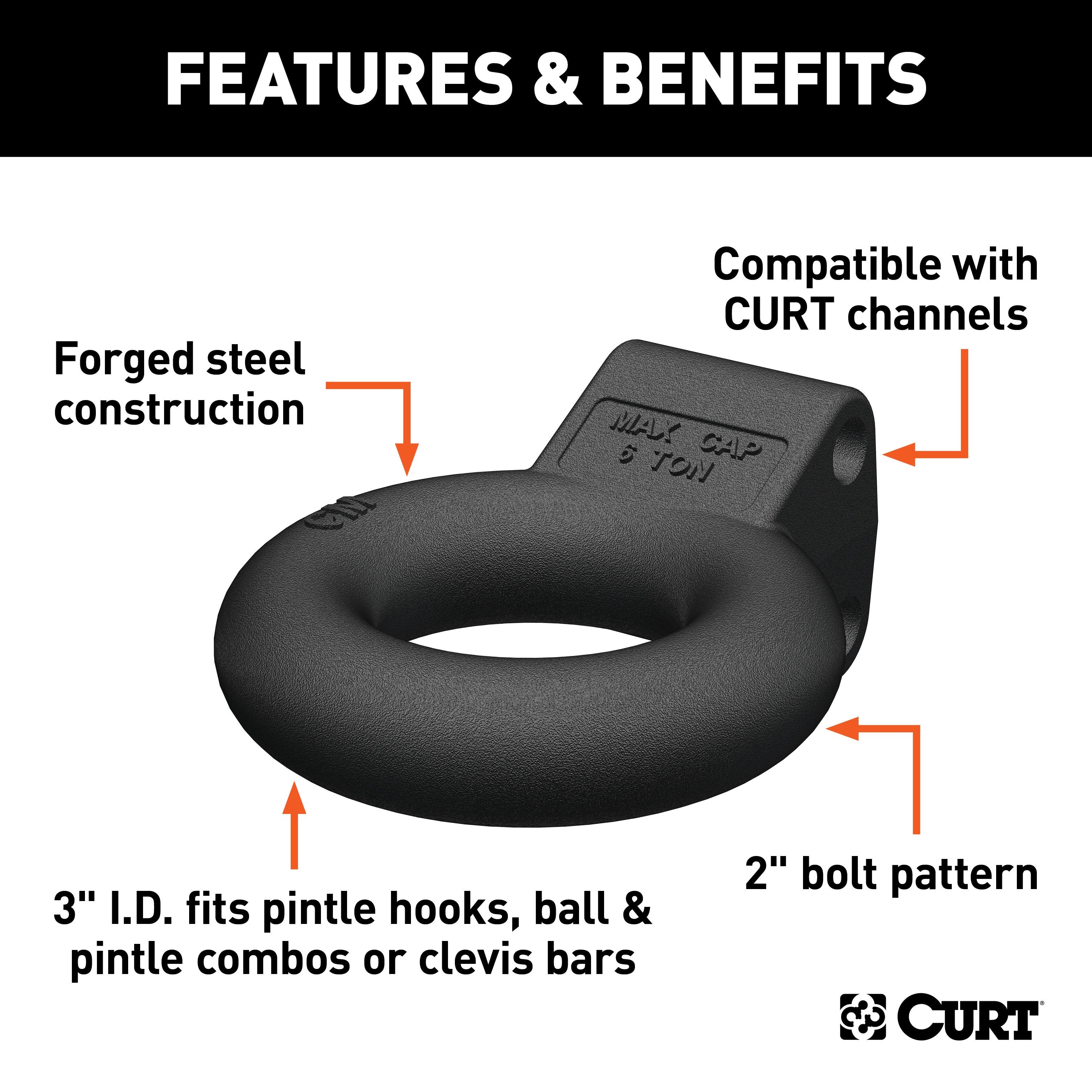 CURT Black Steel Pintle Hitch Lunette Ring 3-Inch ID, 12,000 lbs, Channel Mount Required Model 48601