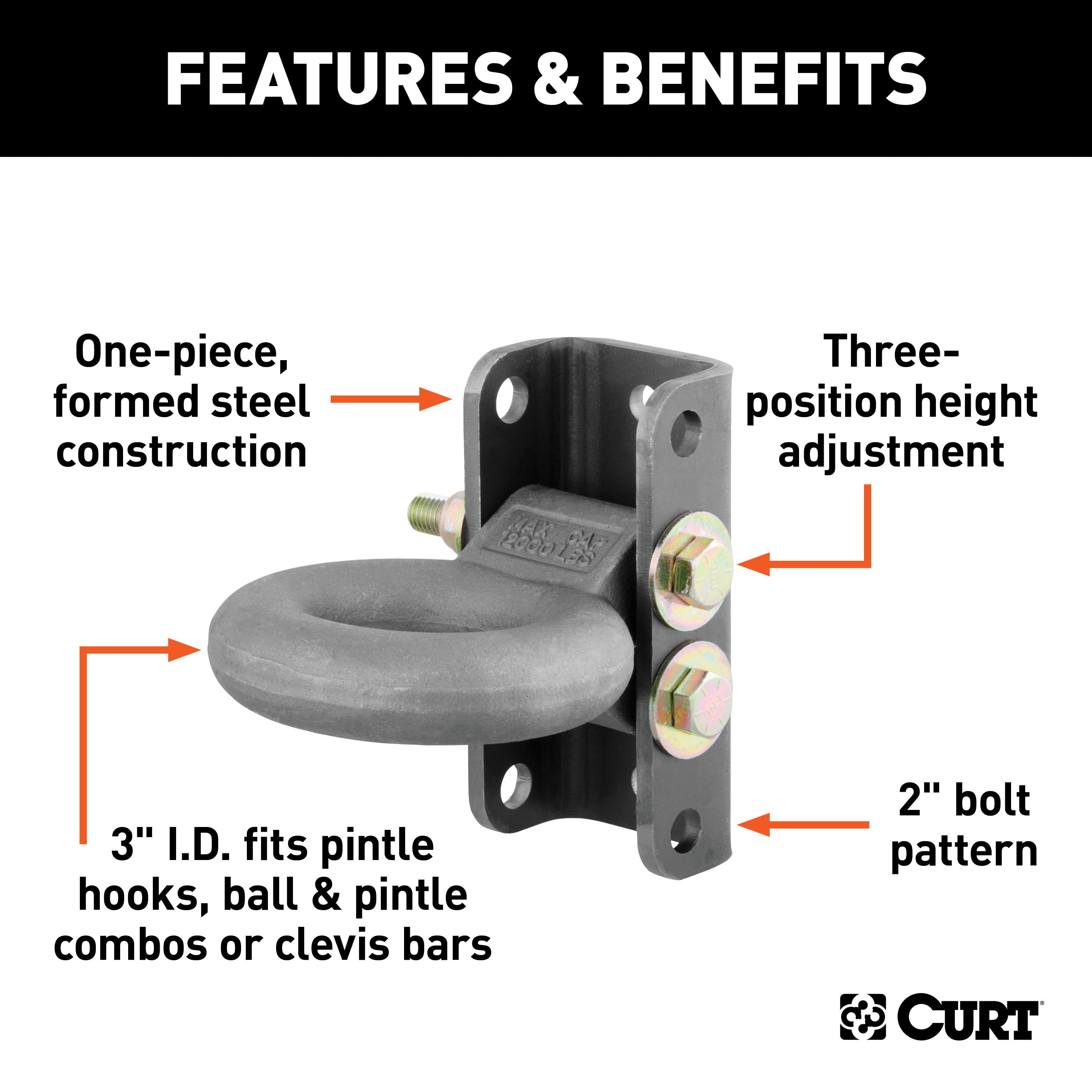 CURT Raw Steel Adjustable Pintle Hitch Lunette Ring 3-In ID, 12,000 lbs, 7-1/2-Inch Channel Height Model 48631
