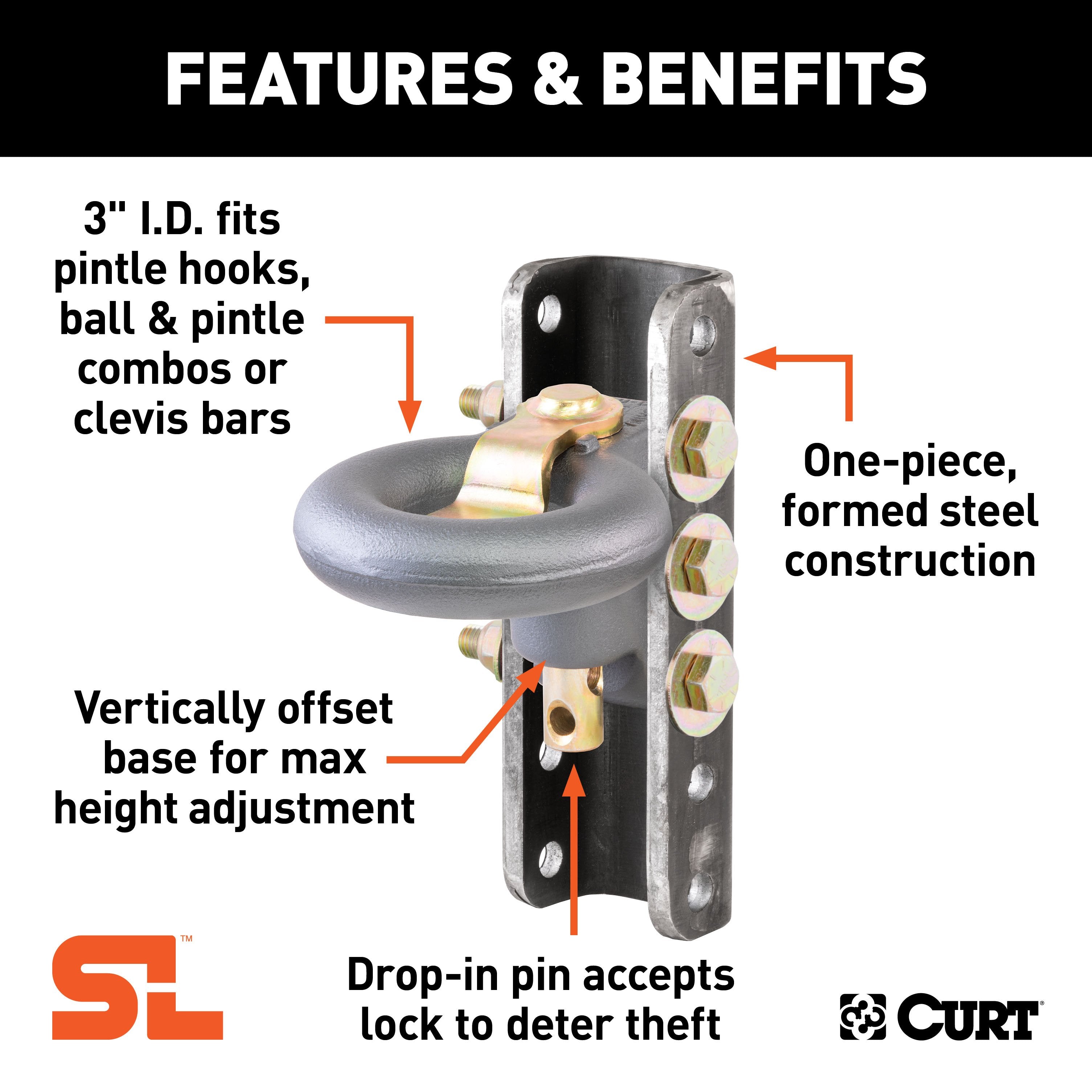 CURT SecureLatch Adjustable Lunette Ring with 11-3/4-Inch Channel 40,000 Pounds, 3-Inch ID Model 48641