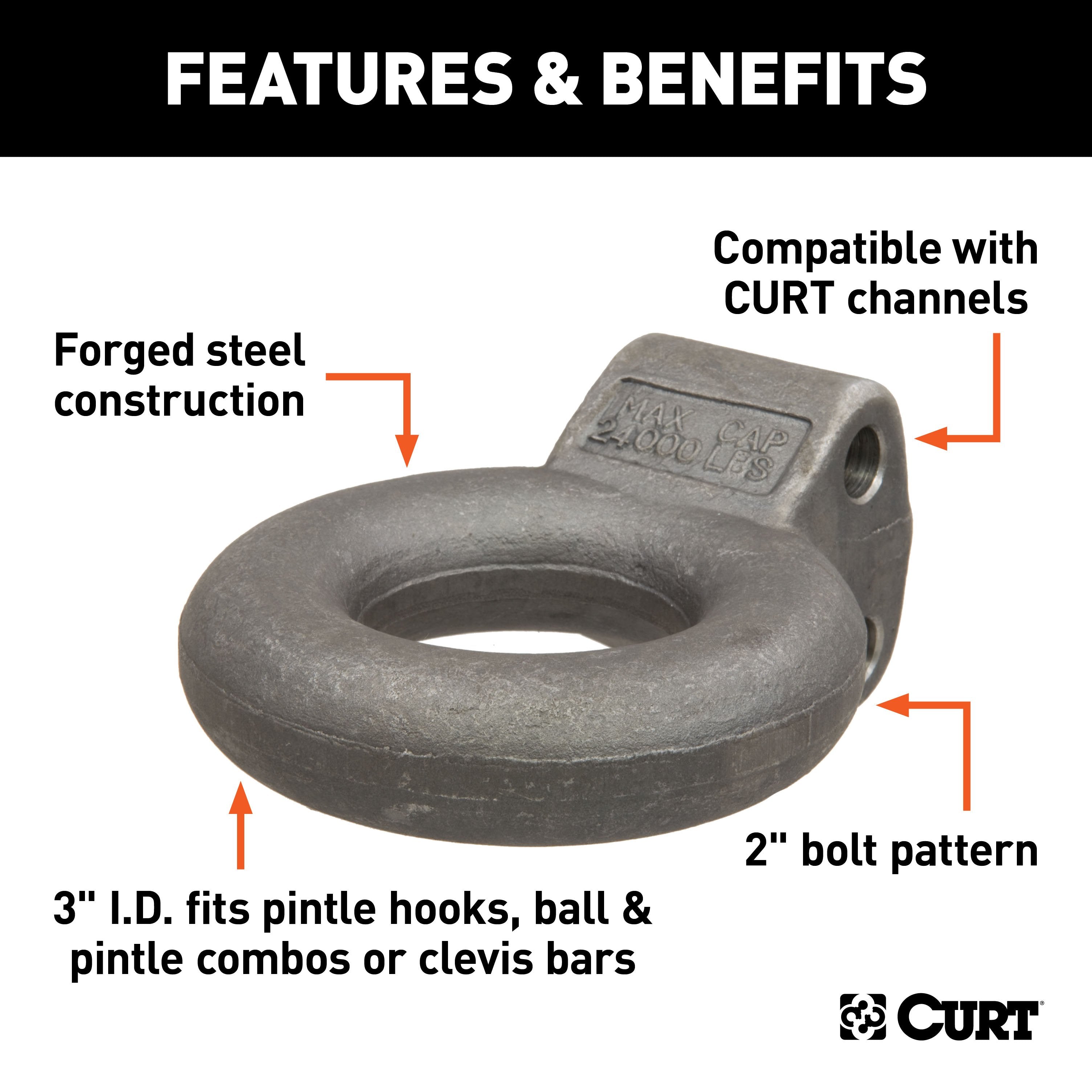 CURT Raw Steel Pintle Hitch Lunette Ring 3-Inch ID, 24,000 lbs, Channel Mount Required Model 48660