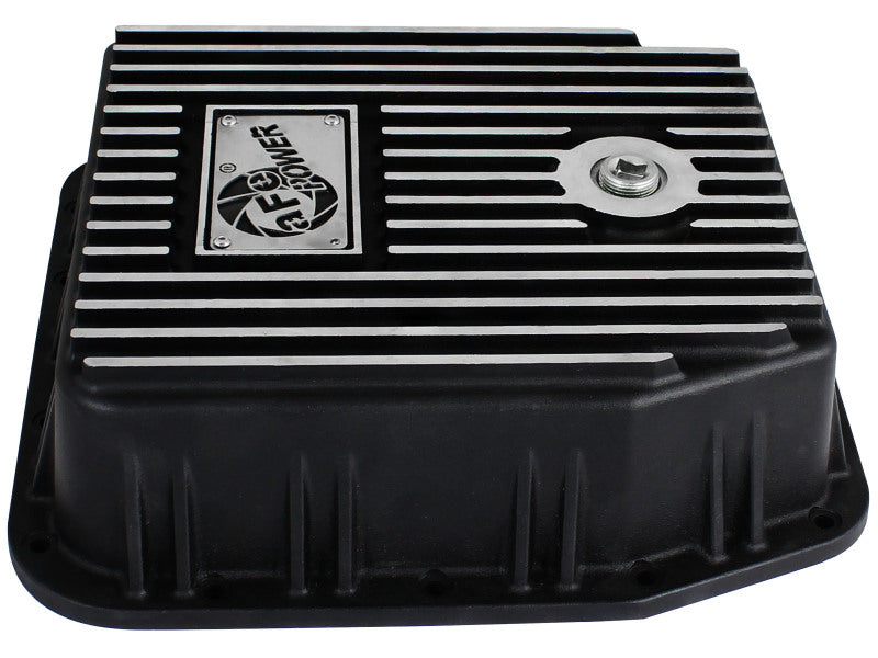 aFe POWER transmission pan for Ford trucks 1980-1992 with AOD transmission, featuring a ribbed design for durability.