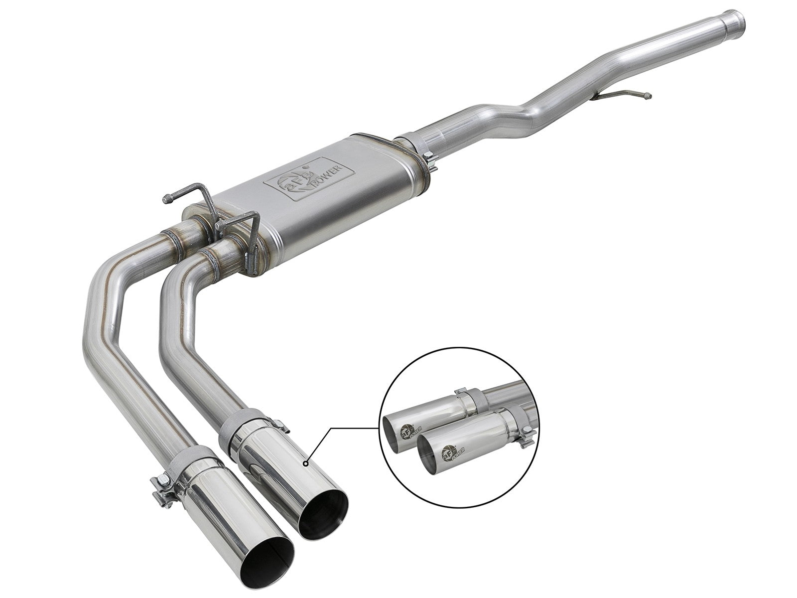 Rebel Series 3 Inch to 2-1/2 Inch 409 Stainless Steel Cat-Back Exhaust w/ Polish Tip Silverado/Sierra 1500 09-18 Crew Cab/Long Bed V6-4.3/V8-4.8/5.3L aFe Power
