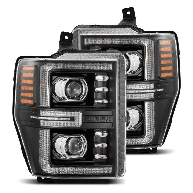 AlphaRex LUXX-Series LED projector headlights for 08-10 Ford F250-550, featuring black housing and sequential signals.