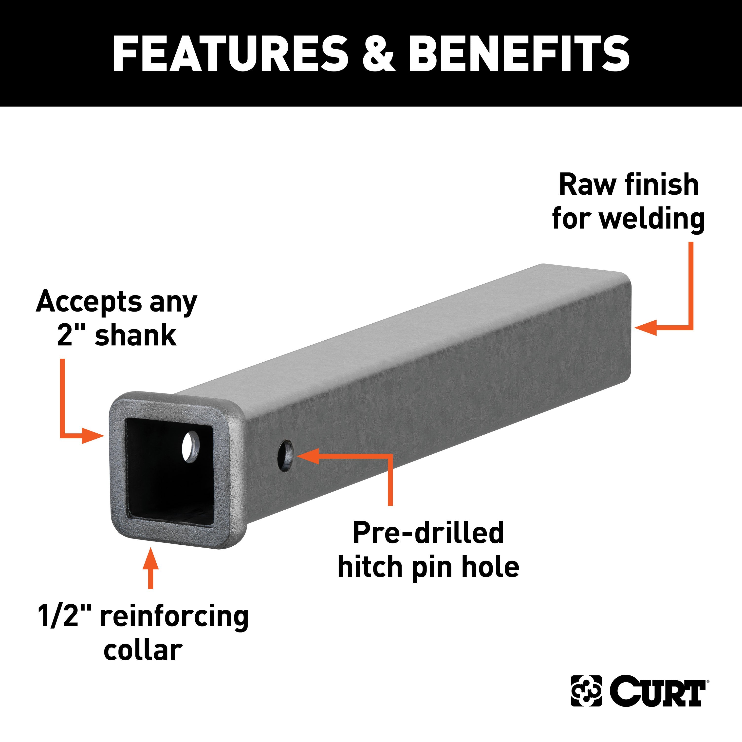 CURT 2-Inch x 18-Inch Weld-On Raw Steel Trailer Hitch Receiver Tube Model 49180
