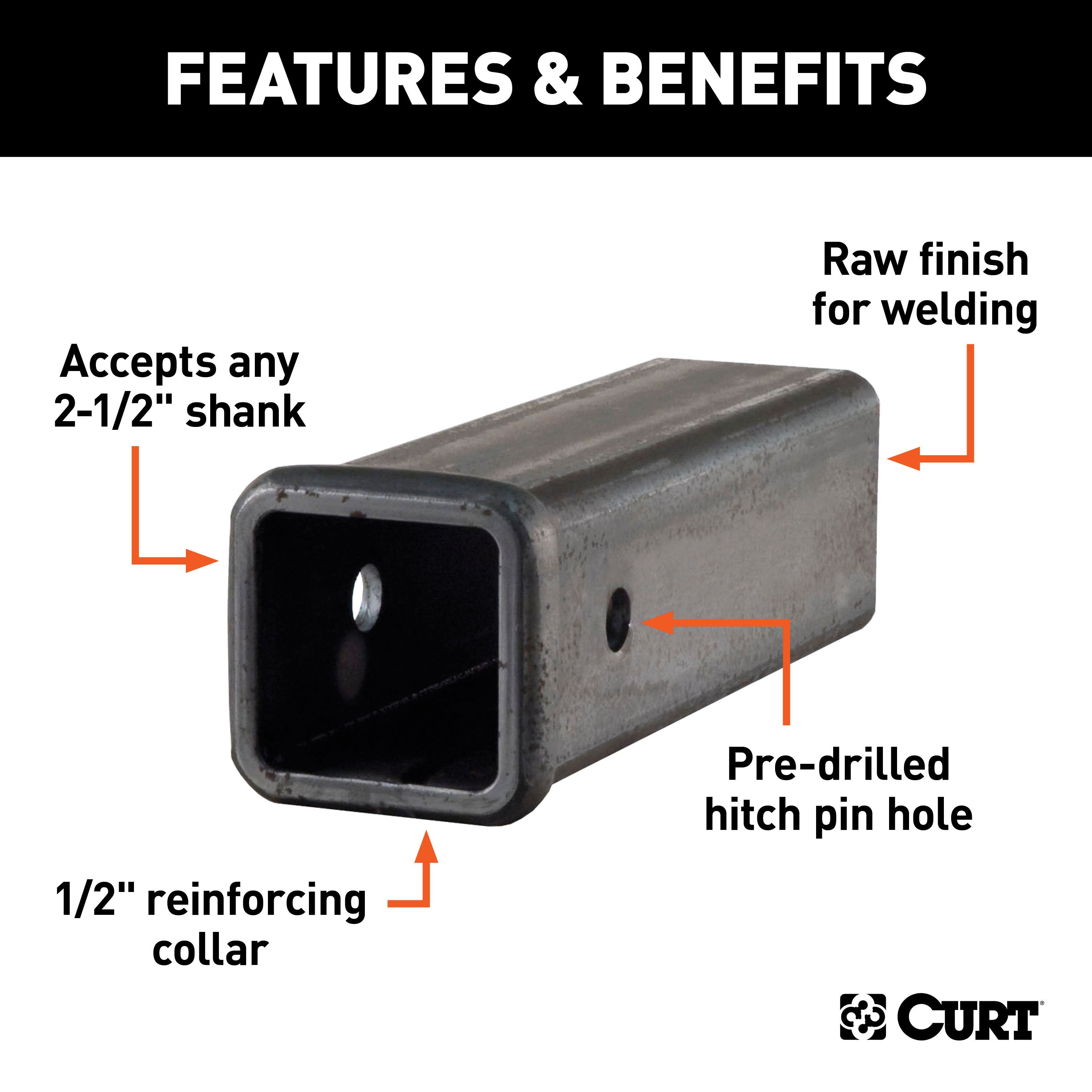 CURT 2-1/2-Inch x 10-Inch Weld-On Raw Steel Trailer Hitch Receiver Tube Model 49510