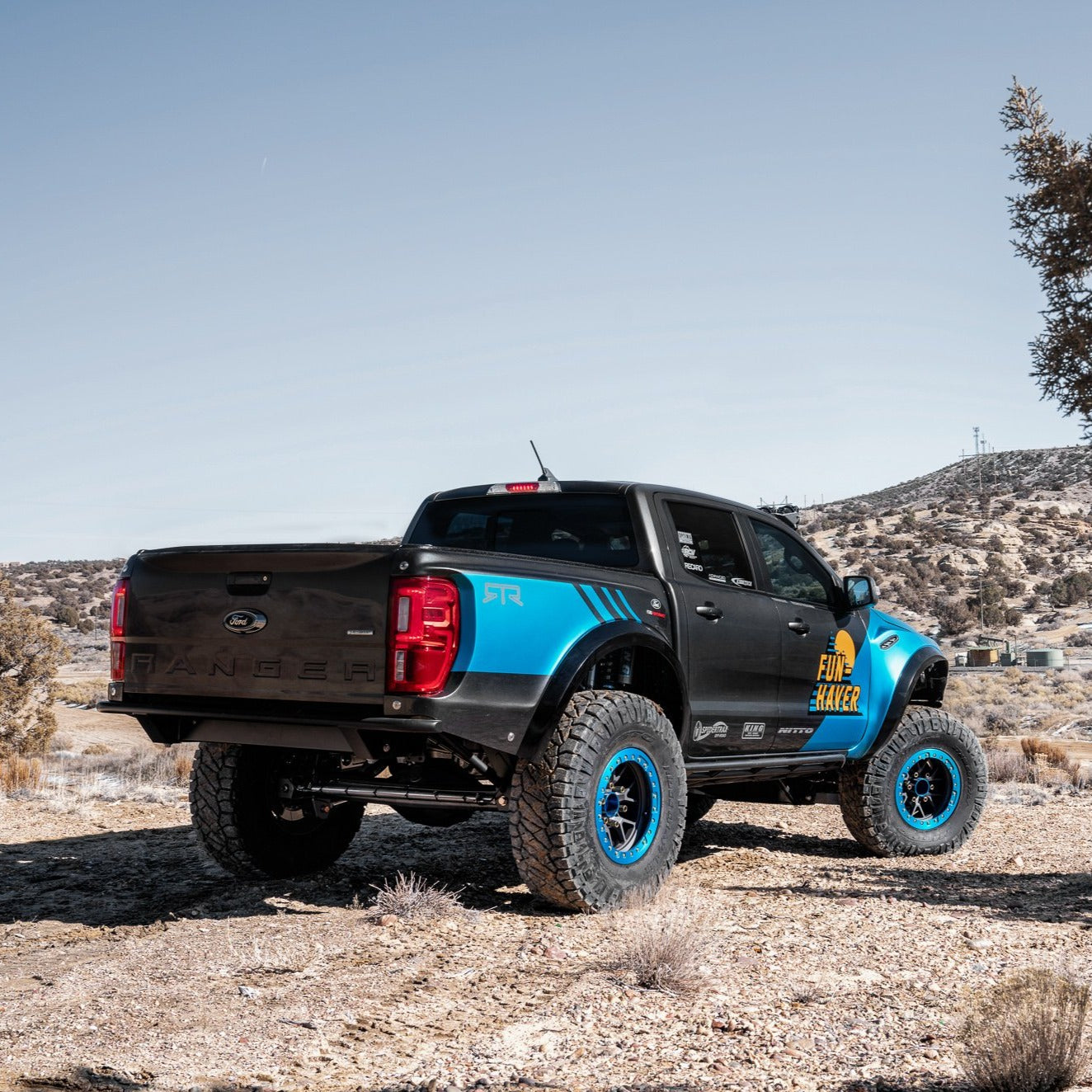 2019-2023 Ford Ranger fenders on a modified truck in a desert landscape, showcasing offroad capabilities and style.