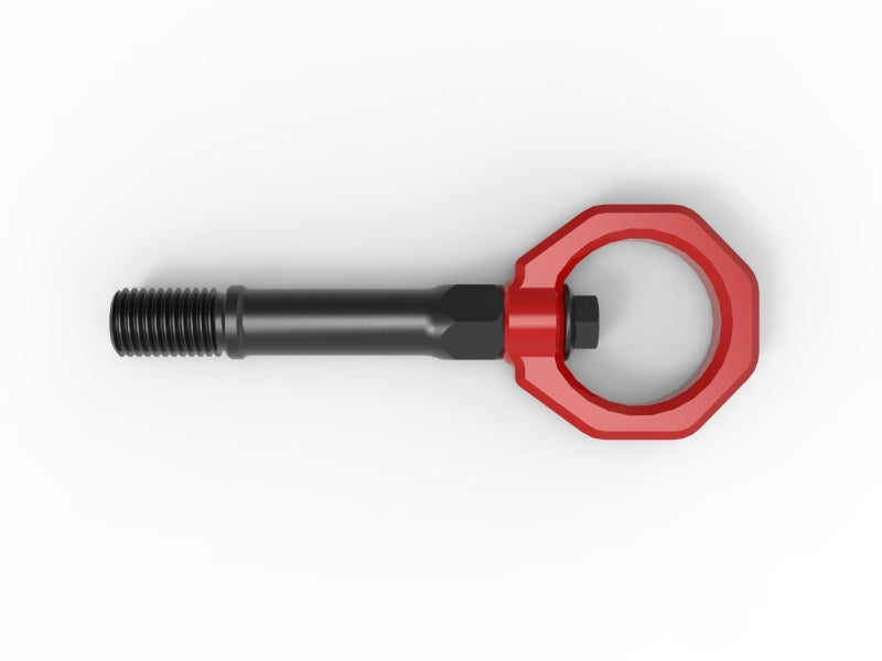 aFe CONTROL Tow Hook for Nissan Z 23-25 V6-3.0L, featuring a durable design with a red loop and black threaded shaft.