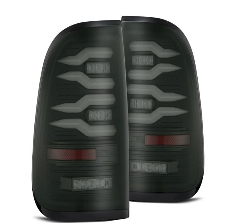 AlphaRex LUXX-Series black LED tail lights for 97-03 Ford F150 and 99-16 Ford Super Duty models, featuring a sleek design.