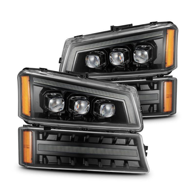 AlphaRex NOVA LED projector headlights for 03-06 Chevy Silverado and Avalanche, featuring a sleek black design and enhanced visibility.
