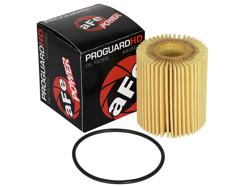 aFe PROGUARD oil filter with a cylindrical filter element and rubber O-ring, packaged in a branded box.