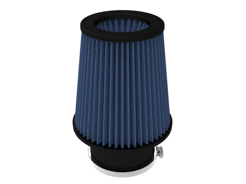 Afe Magnum FLOW universal air filter with inverted design, featuring blue pleated material and a black base, measuring 4.5 inches by 8 inches.