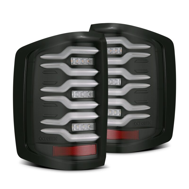 AlphaRex Luxx-Series LED tail lights for 14-18 Chevrolet Silverado in black with sequential signals and active lighting.